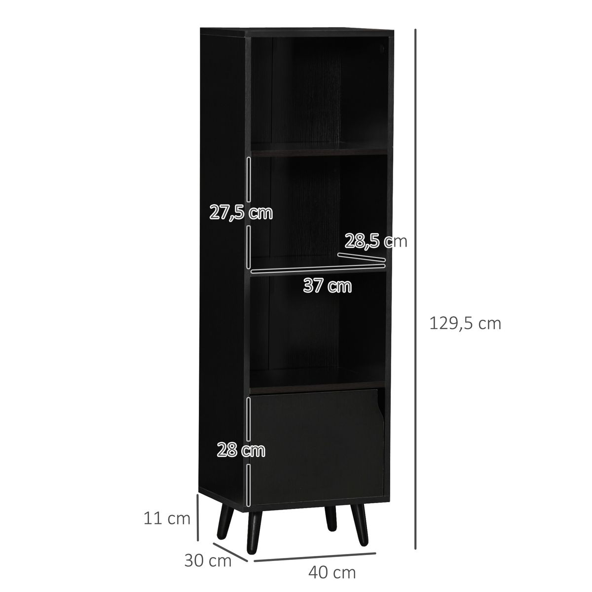 Estantería librería Gwen Homcom 3 estantes abiertos + puerta negro 129,5x40x30 cm