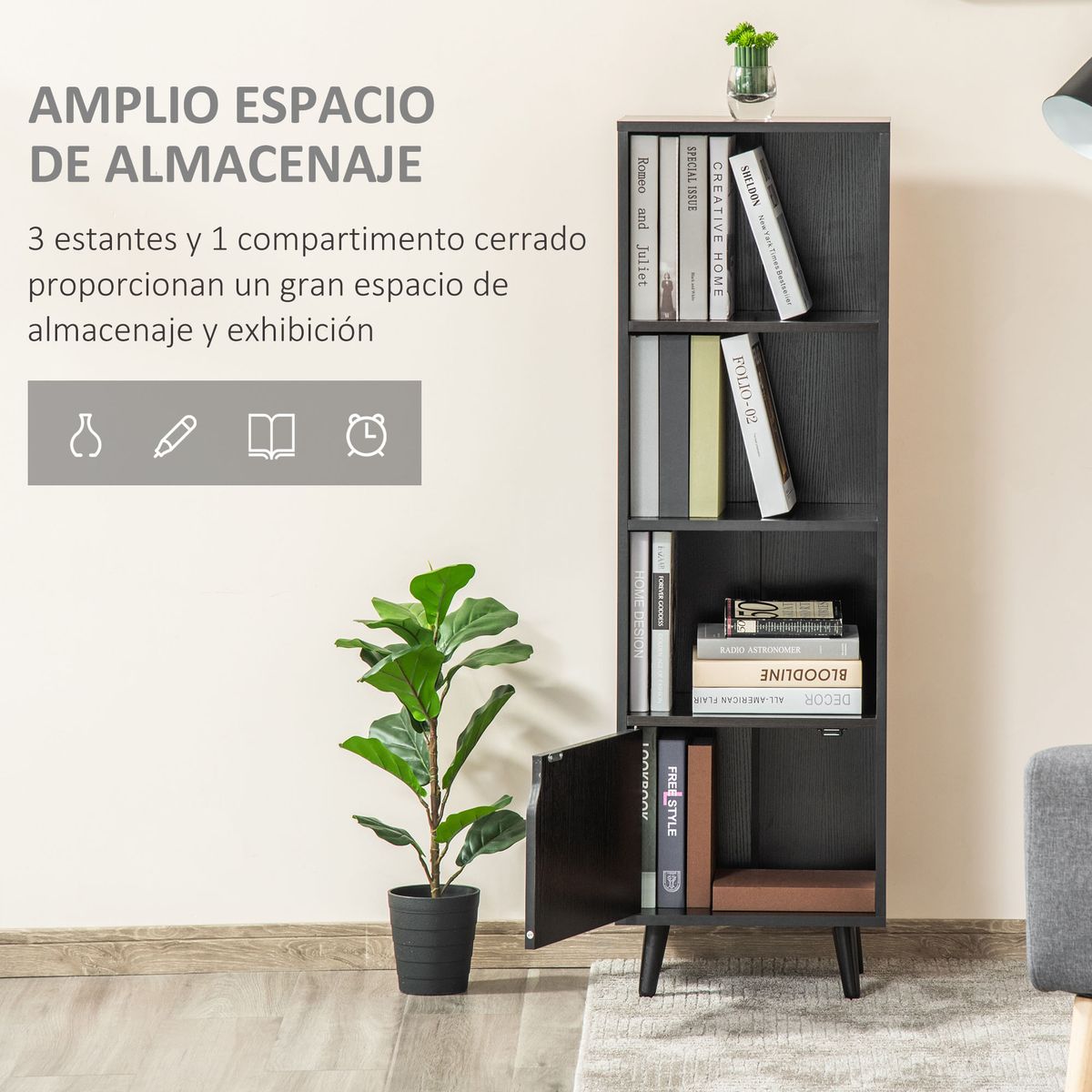 Estantería librería Gwen Homcom 3 estantes abiertos + puerta negro 129,5x40x30 cm