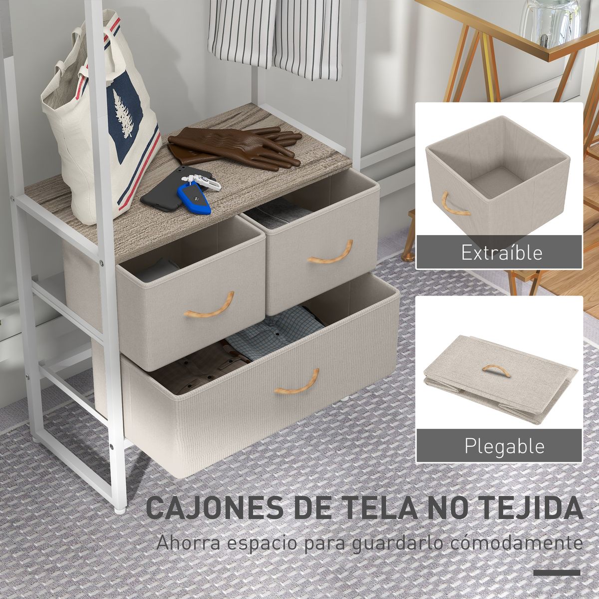 Perchero Less Homcom 3 cajones de tela + estante + barra natural 178x58,5x30 cm