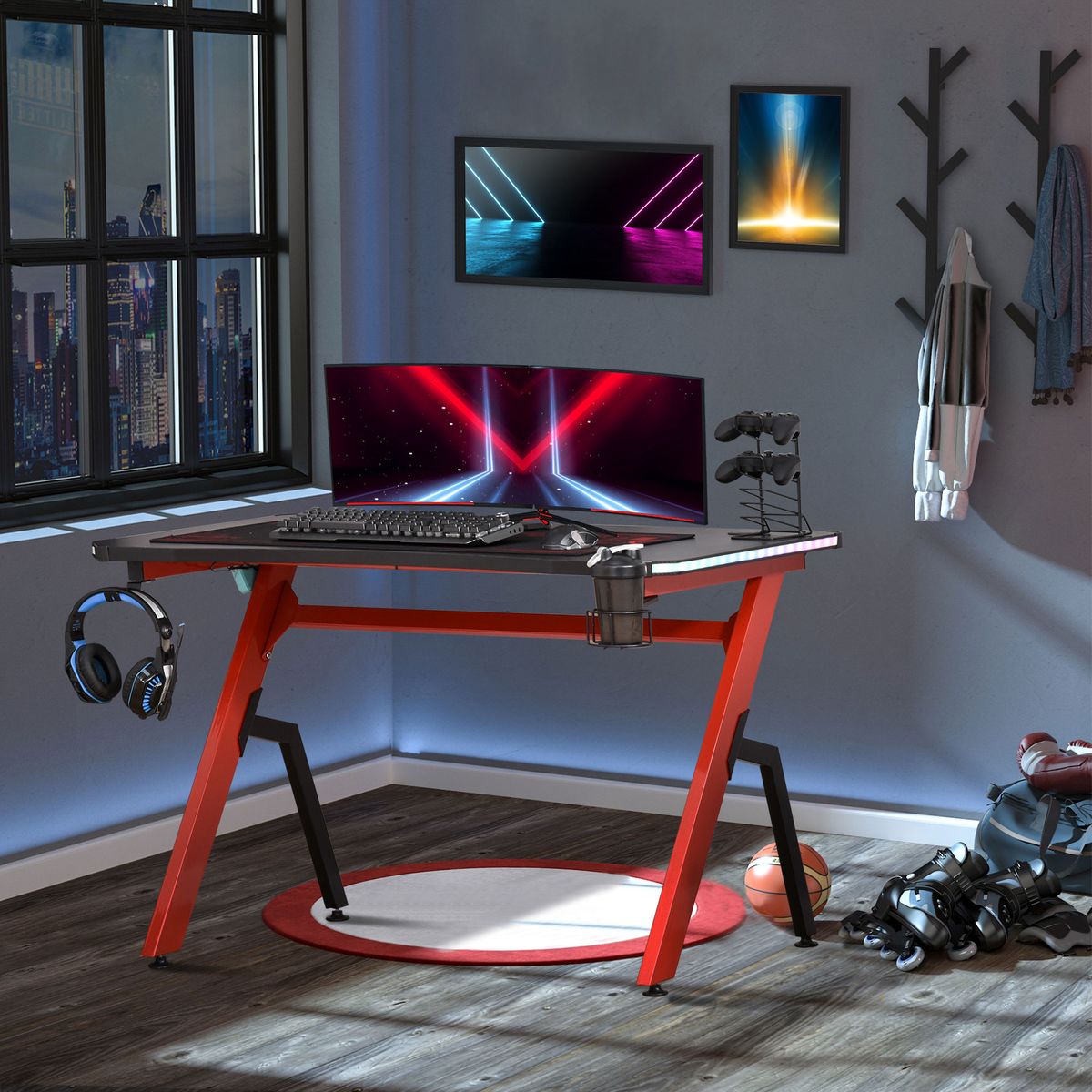 Mesa gaming Scorpion Homcom luz LED y control remoto + gancho negro/rojo 76x120x66 cm