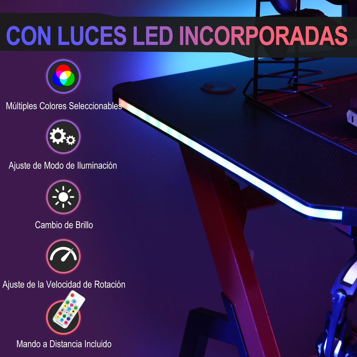 Mesa gaming Scorpion Homcom luz LED y control remoto + gancho negro/rojo 76x120x66 cm