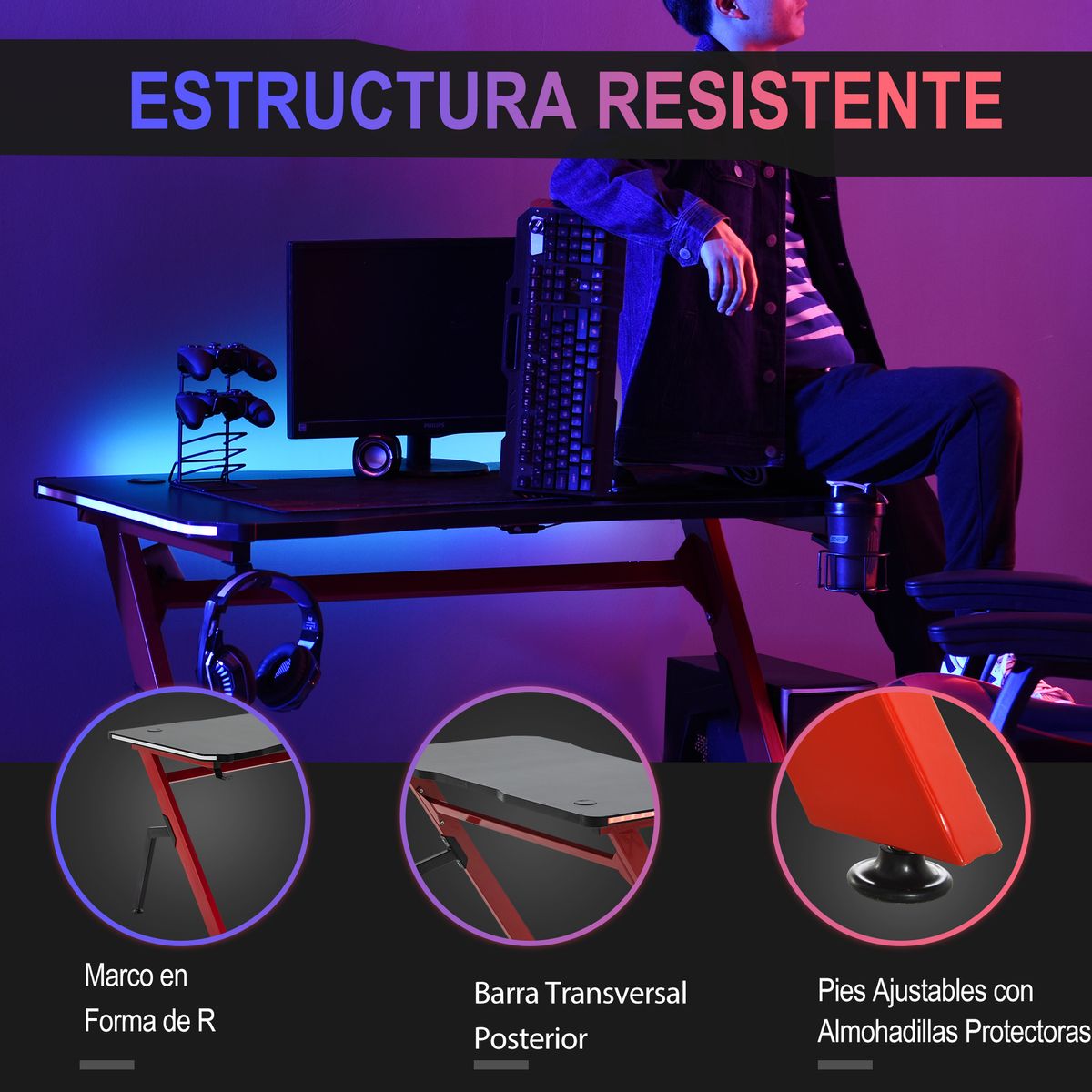 Mesa gaming Scorpion Homcom luz LED y control remoto + gancho negro/rojo 76x120x66 cm