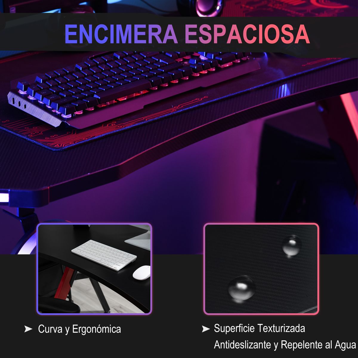 Mesa gaming Scorpion Homcom luz LED y control remoto + gancho negro/rojo 76x120x66 cm