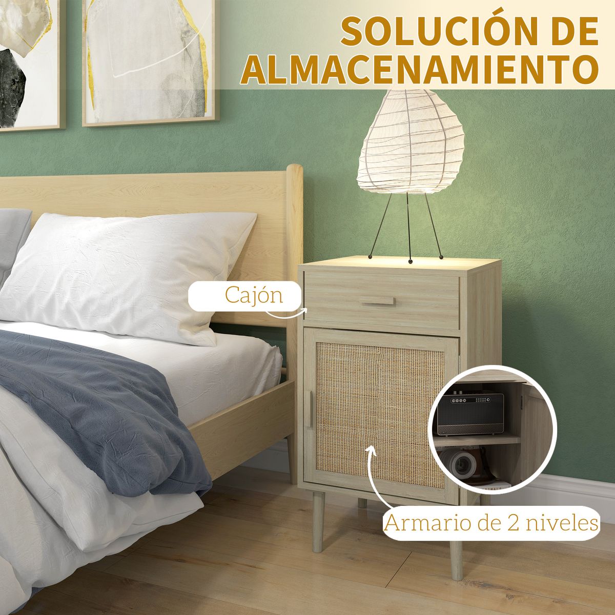 Pack de 2 mesitas de noche Pacific Homcom con cajón + armario roble 68,5x40x40 cm