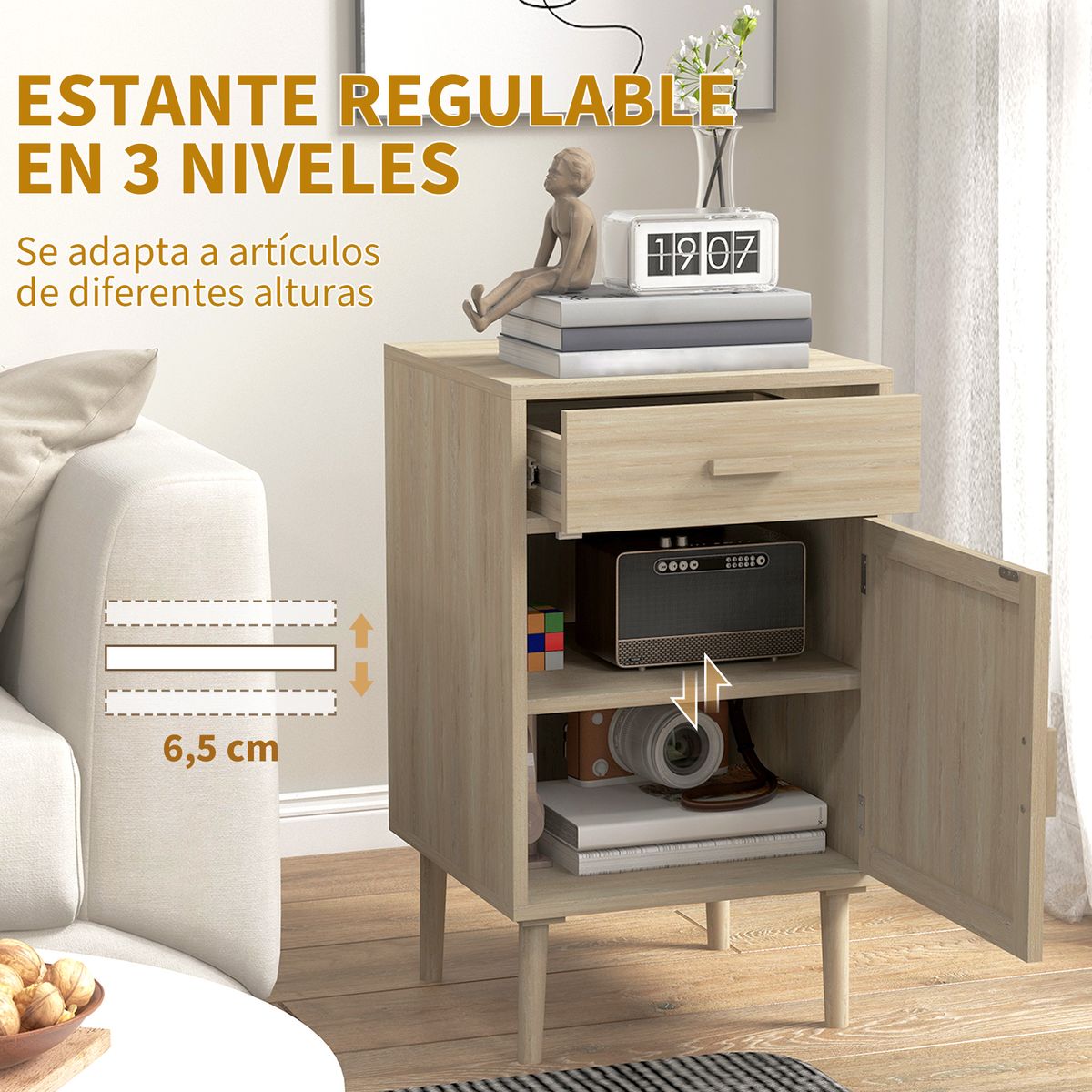 Pack de 2 mesitas de noche Pacific Homcom con cajón + armario roble 68,5x40x40 cm