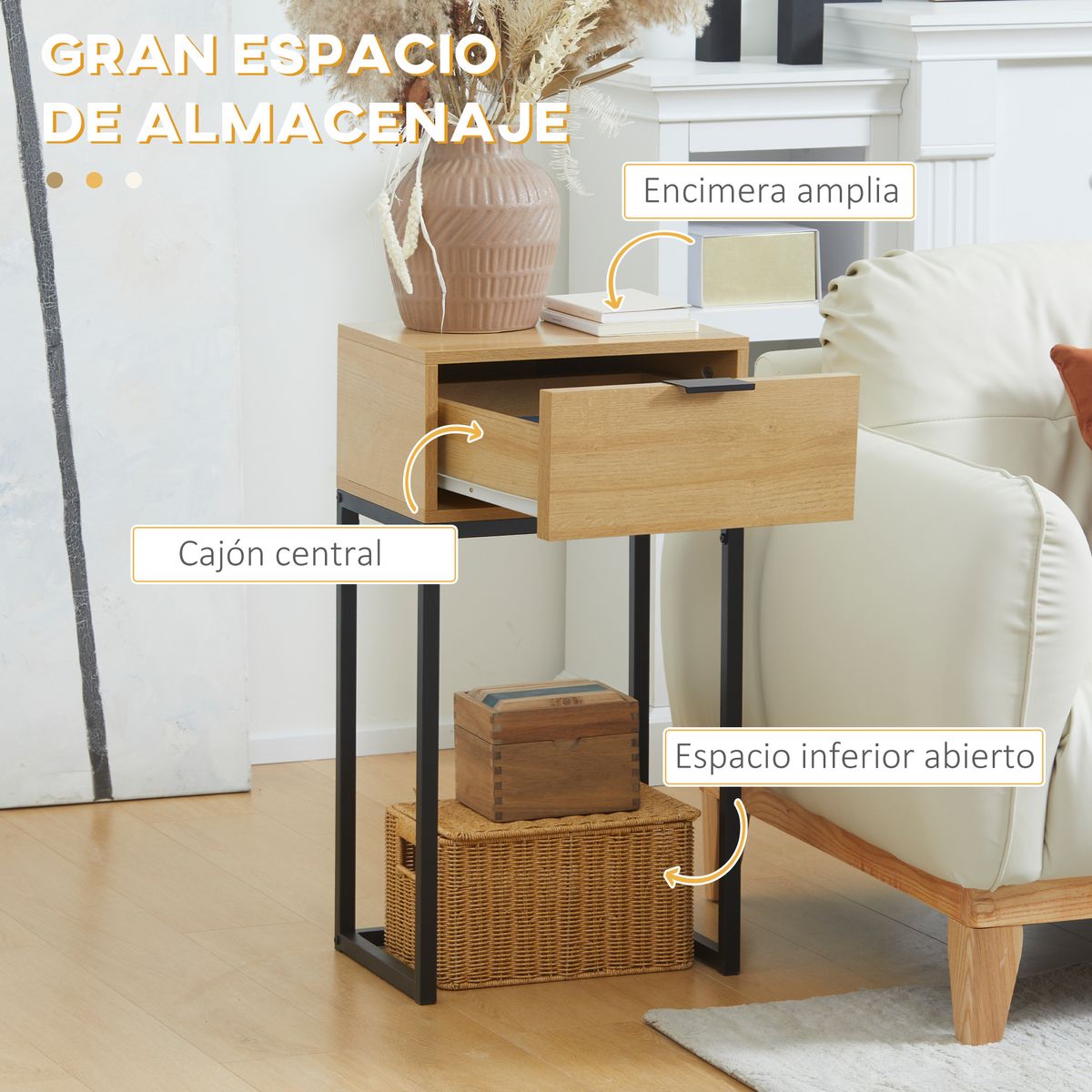 Mesa auxiliar Lenda Homcom con cajón natural 76x40x30 cm