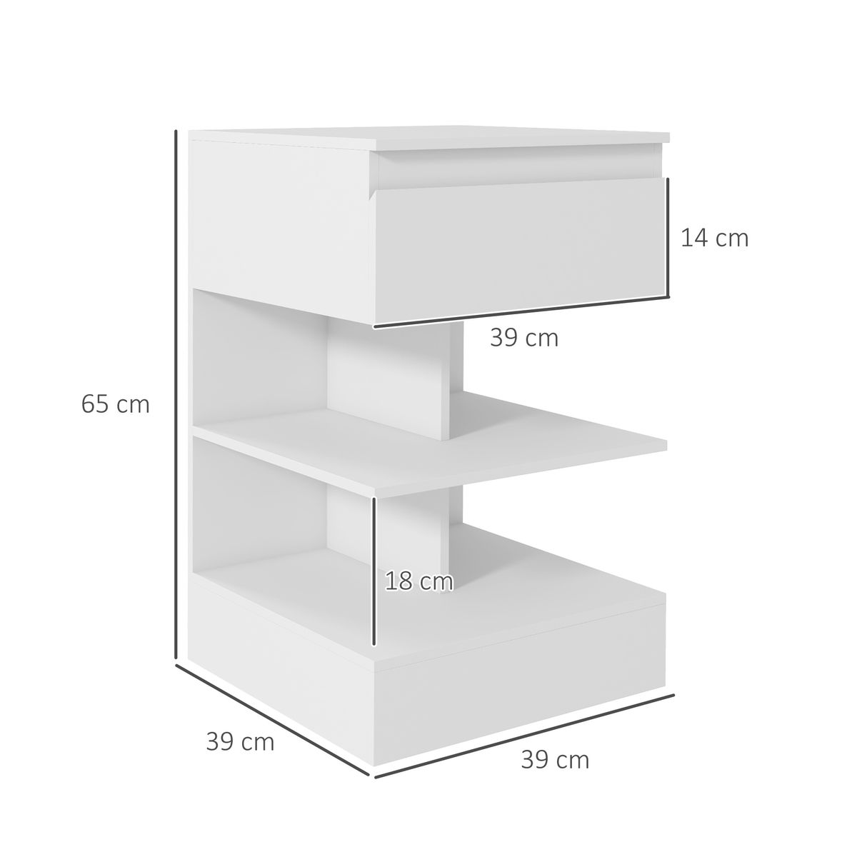 Mesita de noche Onís Homcom 1 cajón + 2 estantes blanco 65x39x39 cm