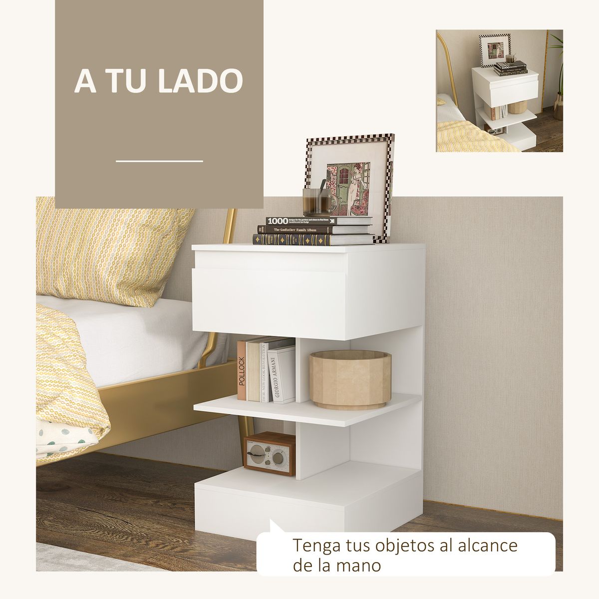 Mesita de noche Onís Homcom 1 cajón + 2 estantes blanco 65x39x39 cm