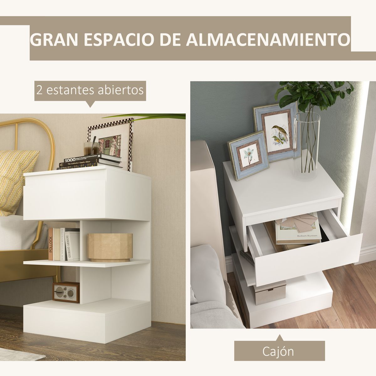 Mesita de noche Onís Homcom 1 cajón + 2 estantes blanco 65x39x39 cm