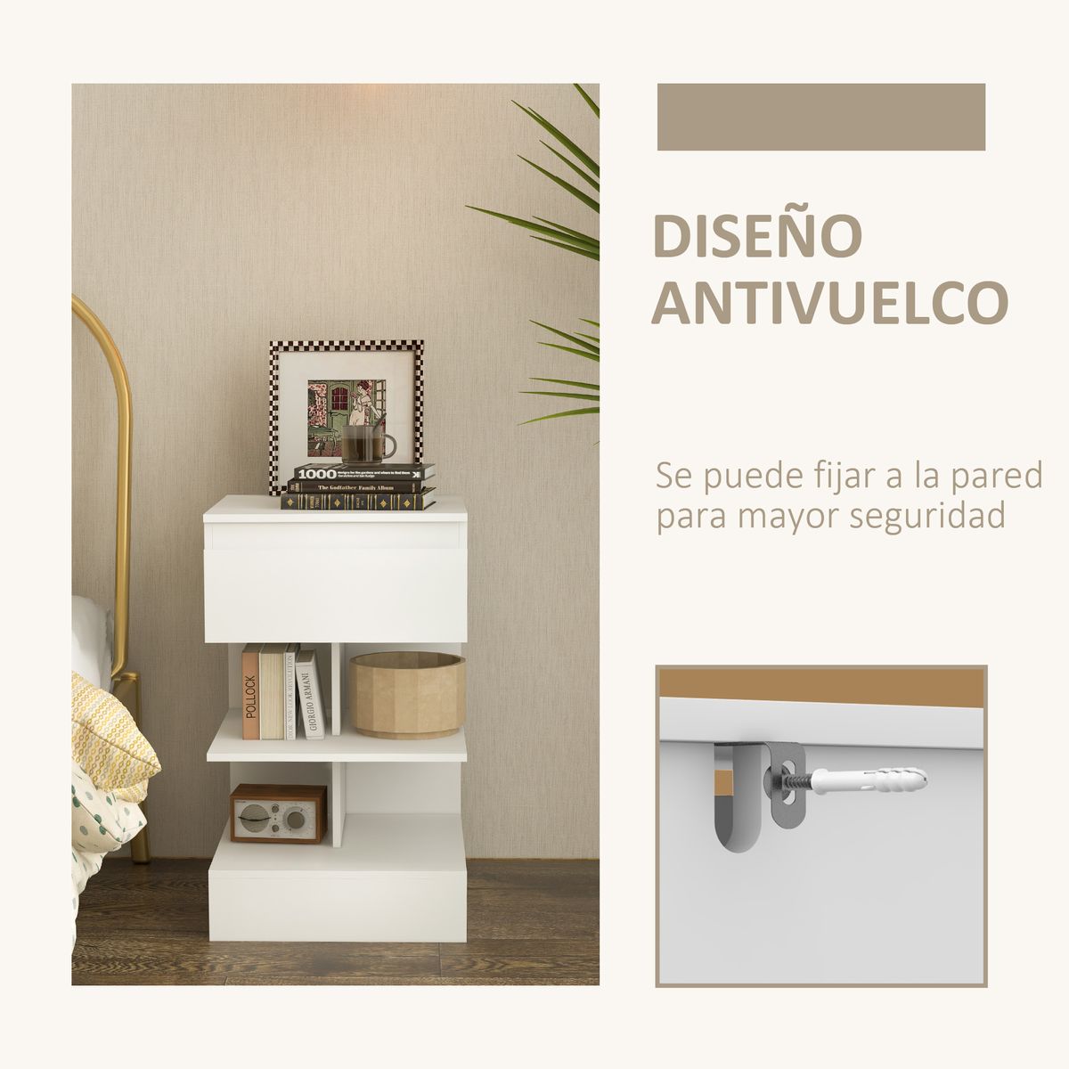 Mesita de noche Onís Homcom 1 cajón + 2 estantes blanco 65x39x39 cm