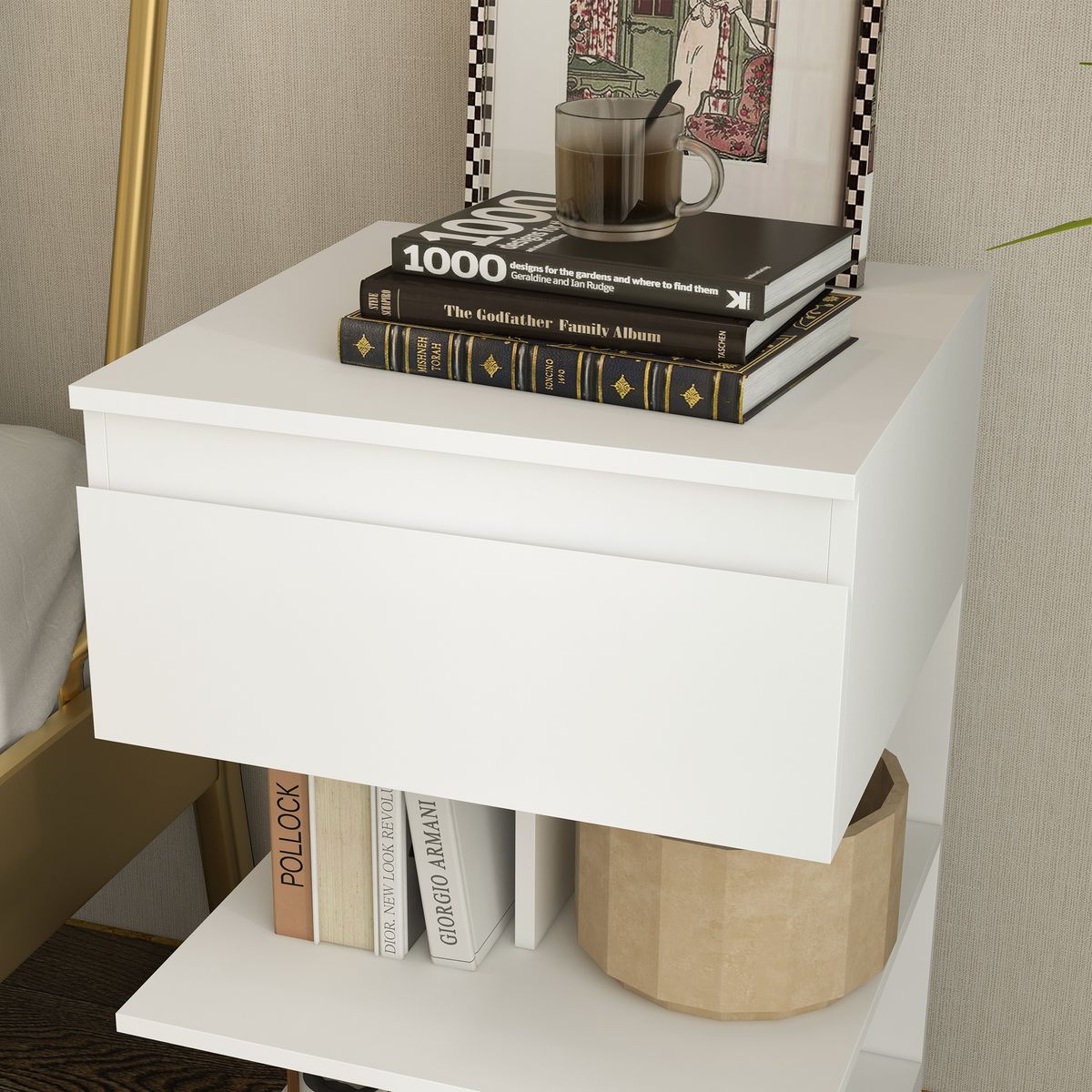 Mesita de noche Onís Homcom 1 cajón + 2 estantes blanco 65x39x39 cm
