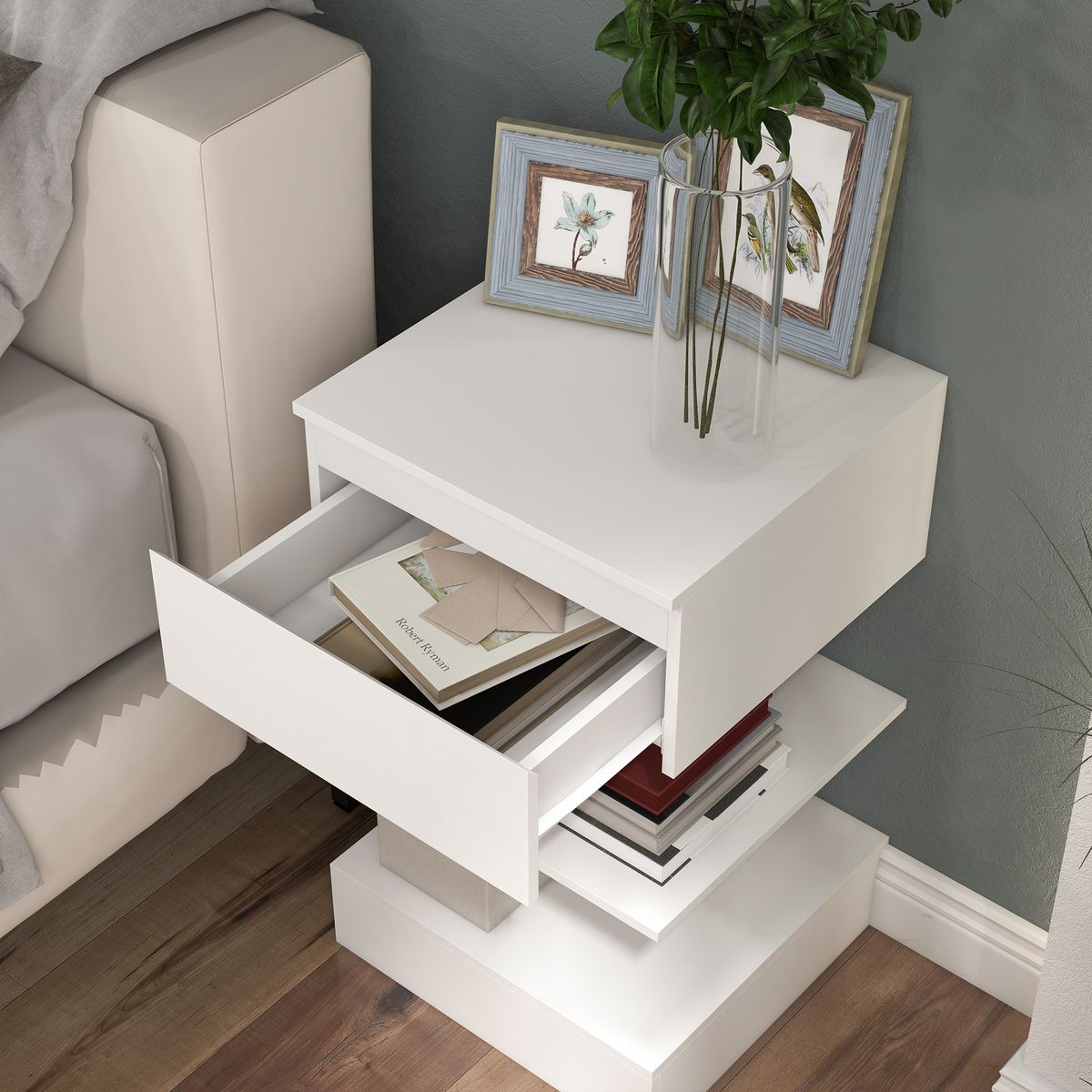 Mesita de noche Onís Homcom 1 cajón + 2 estantes blanco 65x39x39 cm