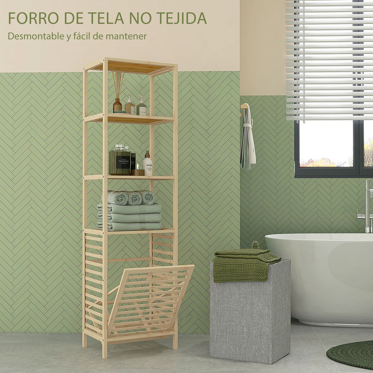 Estantería Lake Homcom 3 estantes + cesto desmontable natural 160x44x33 cm