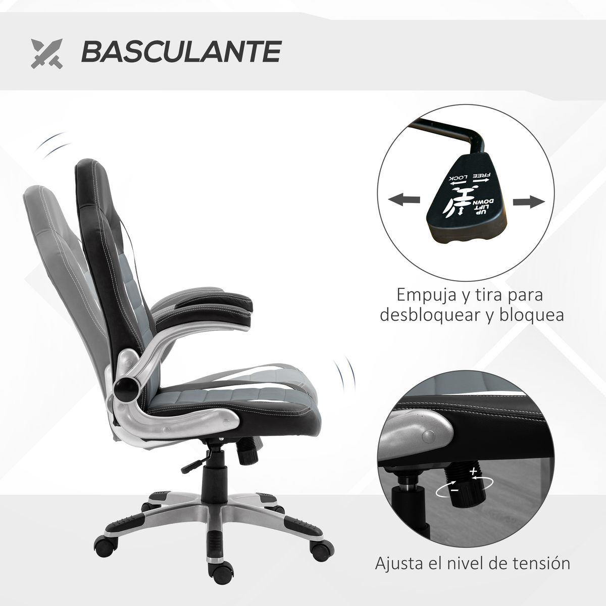 Silla de oficina Cromer Homcom altura regulable con reposabrazos gris 112-122x65x69 cm