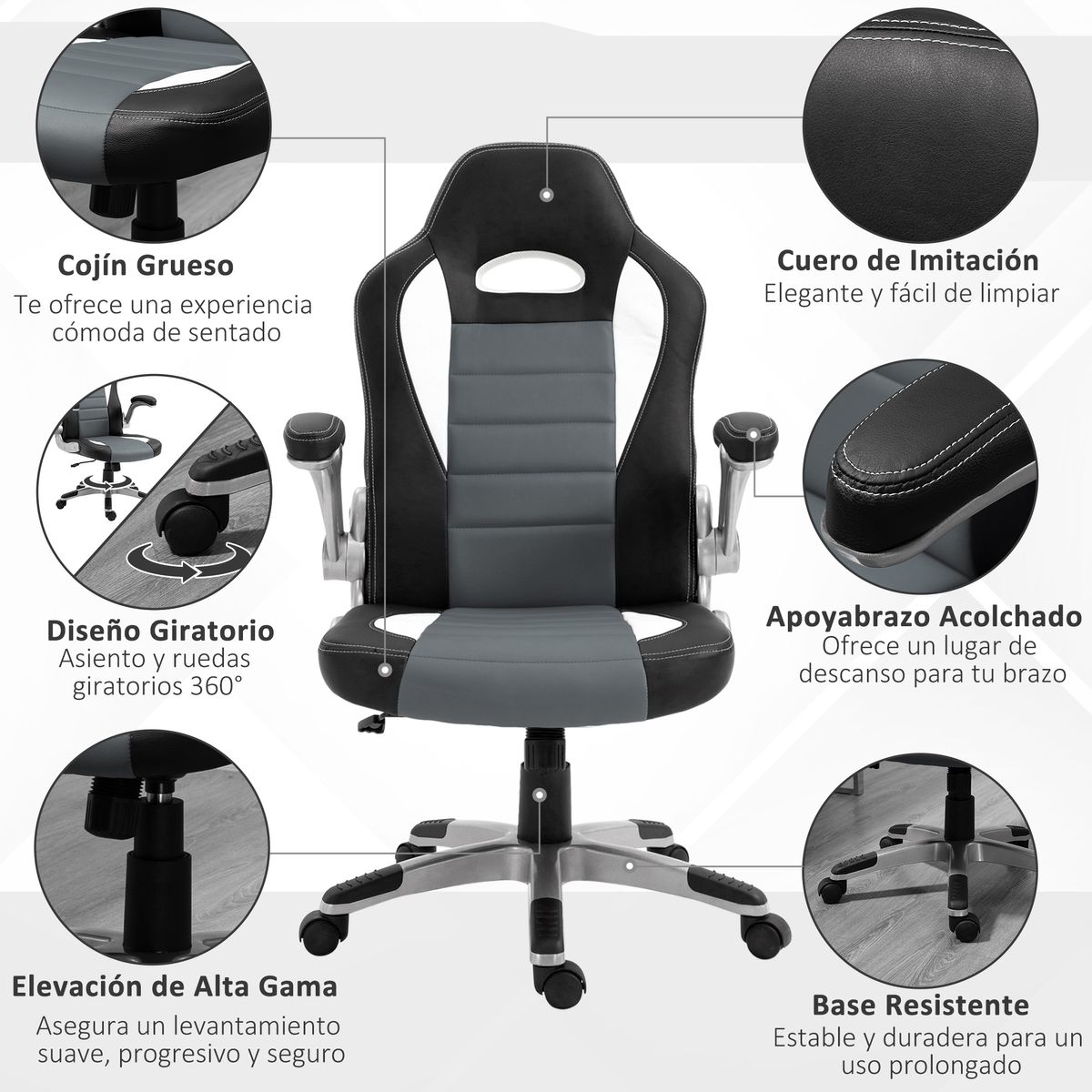 Silla de oficina Cromer Homcom altura regulable con reposabrazos gris 112-122x65x69 cm