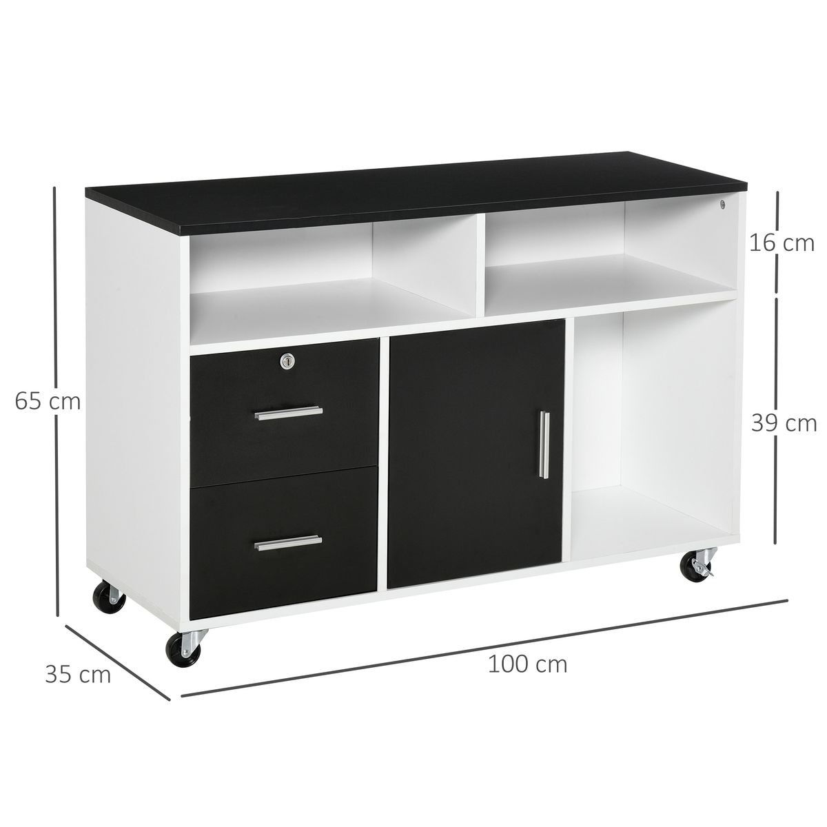 Mueble auxiliar Bhil Homcom 3 compartimentos + 2 cajones + armario negro/blanco 65x100x35 cm