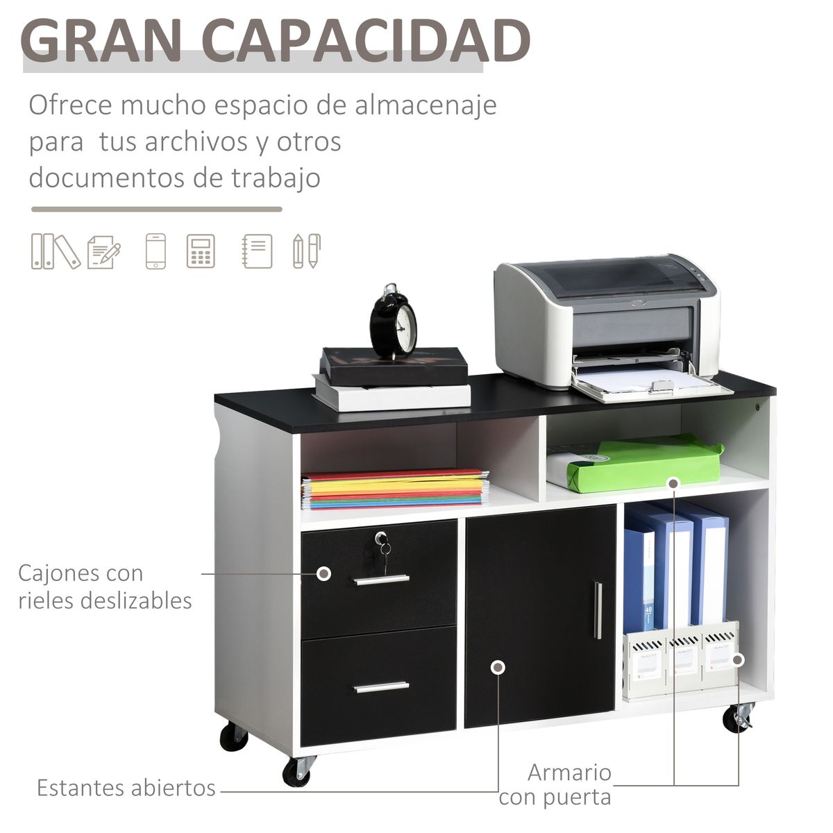 Mueble auxiliar Bhil Homcom 3 compartimentos + 2 cajones + armario negro/blanco 65x100x35 cm