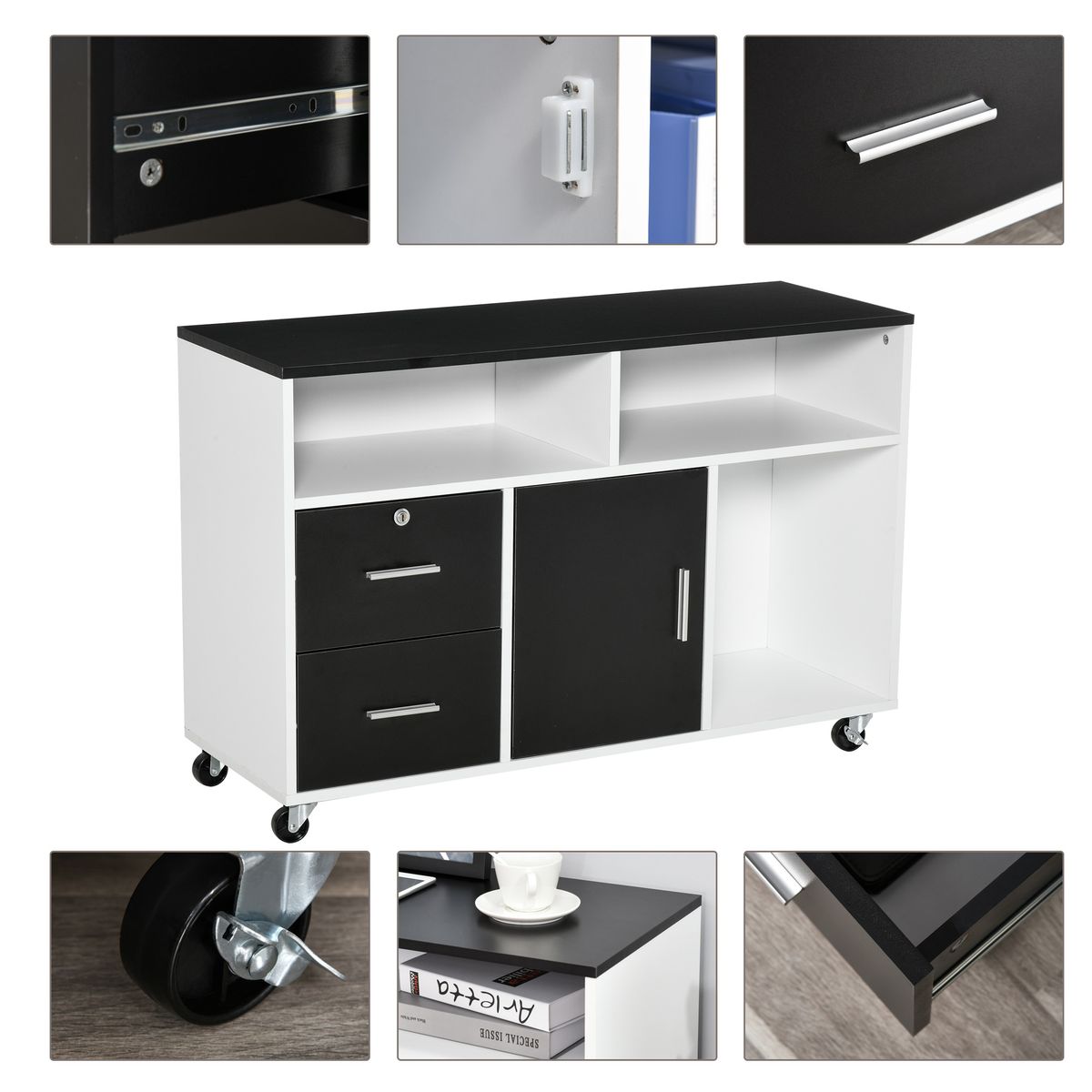 Mueble auxiliar Bhil Homcom 3 compartimentos + 2 cajones + armario negro/blanco 65x100x35 cm