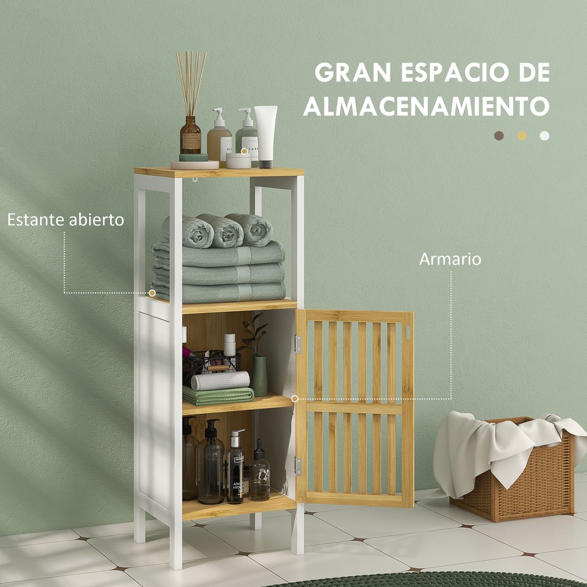 Mueble auxiliar Roca Homcom 1 puerta con estante + compartimento blanco/natural 90,5x32x30 cm