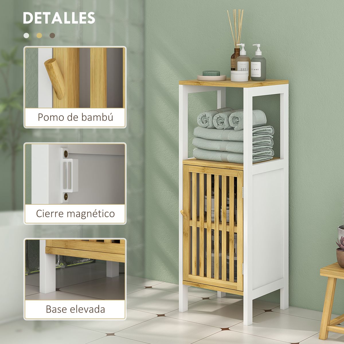 Mueble auxiliar Roca Homcom 1 puerta con estante + compartimento blanco/natural 90,5x32x30 cm
