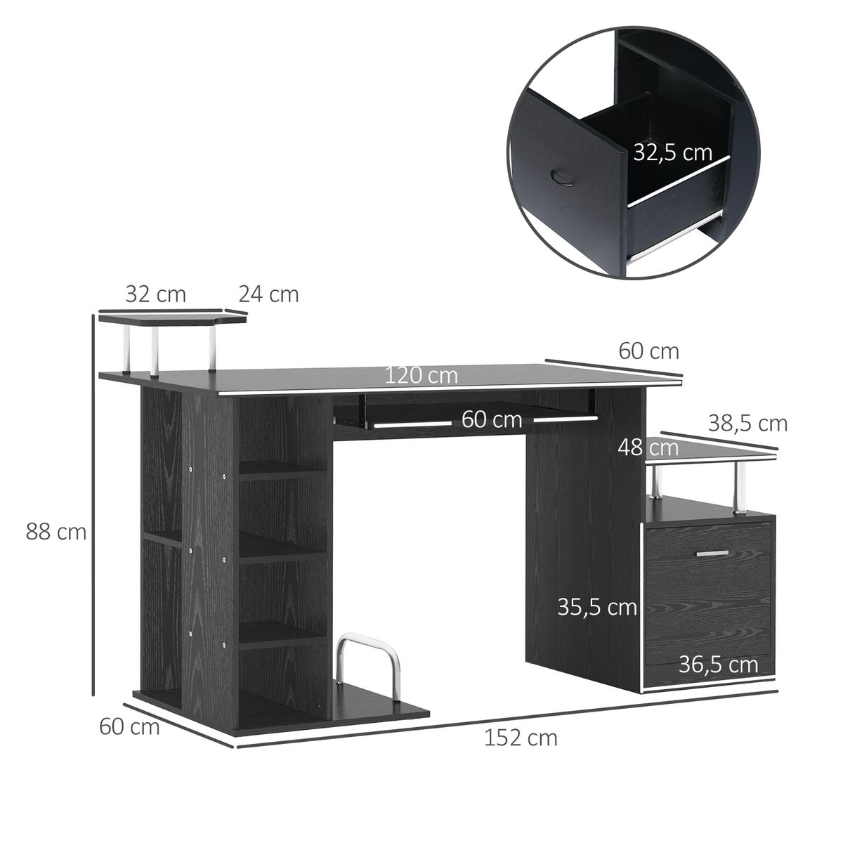 Escritorio Creew Homcom 6 estantes + cajón + bandeja + soportes negro 88x152x60 cm