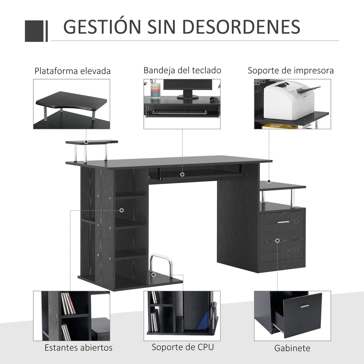 Escritorio Creew Homcom 6 estantes + cajón + bandeja + soportes negro 88x152x60 cm
