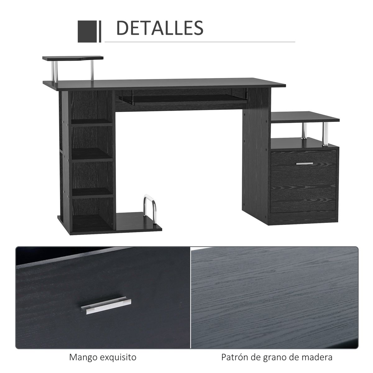 Escritorio Creew Homcom 6 estantes + cajón + bandeja + soportes negro 88x152x60 cm