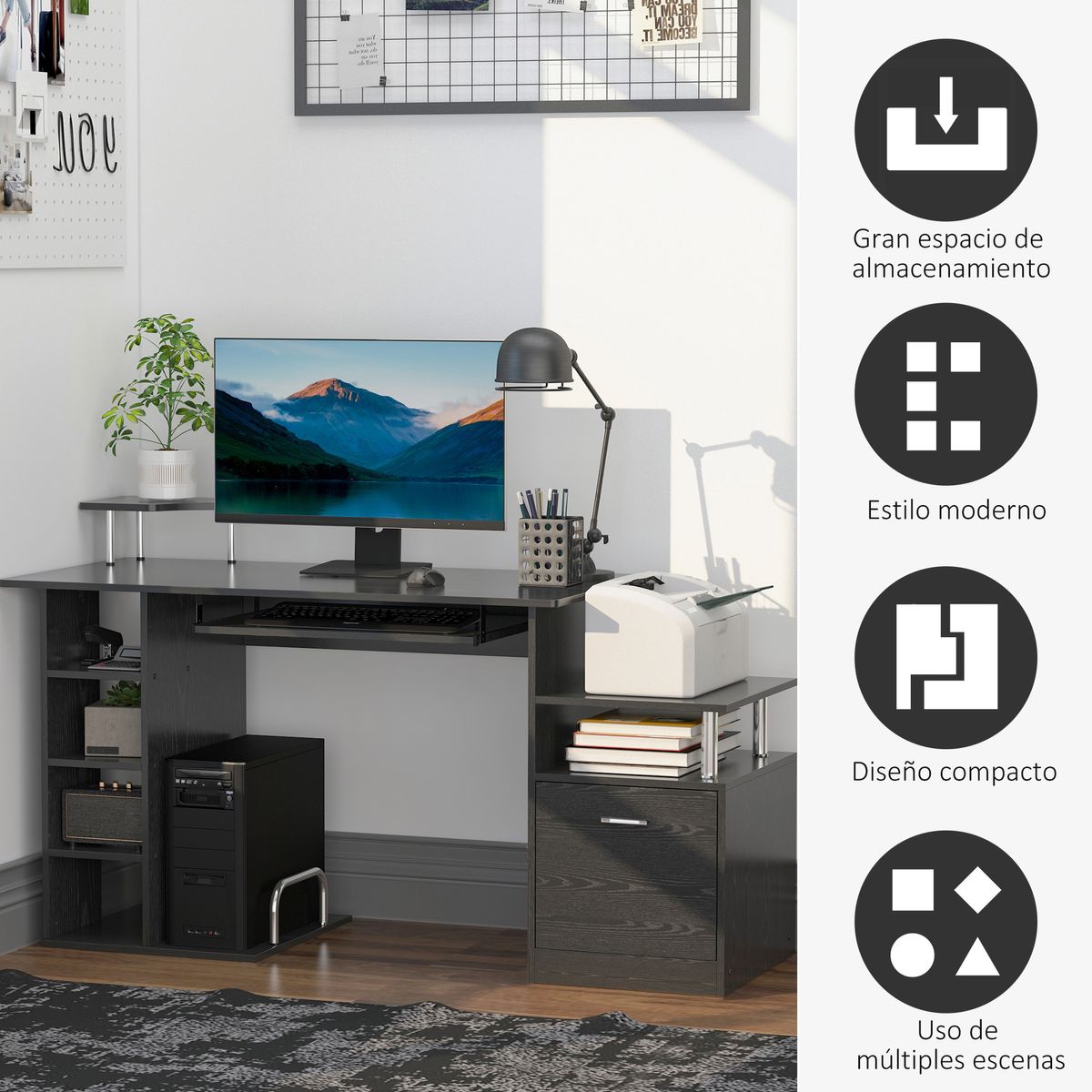 Escritorio Creew Homcom 6 estantes + cajón + bandeja + soportes negro 88x152x60 cm