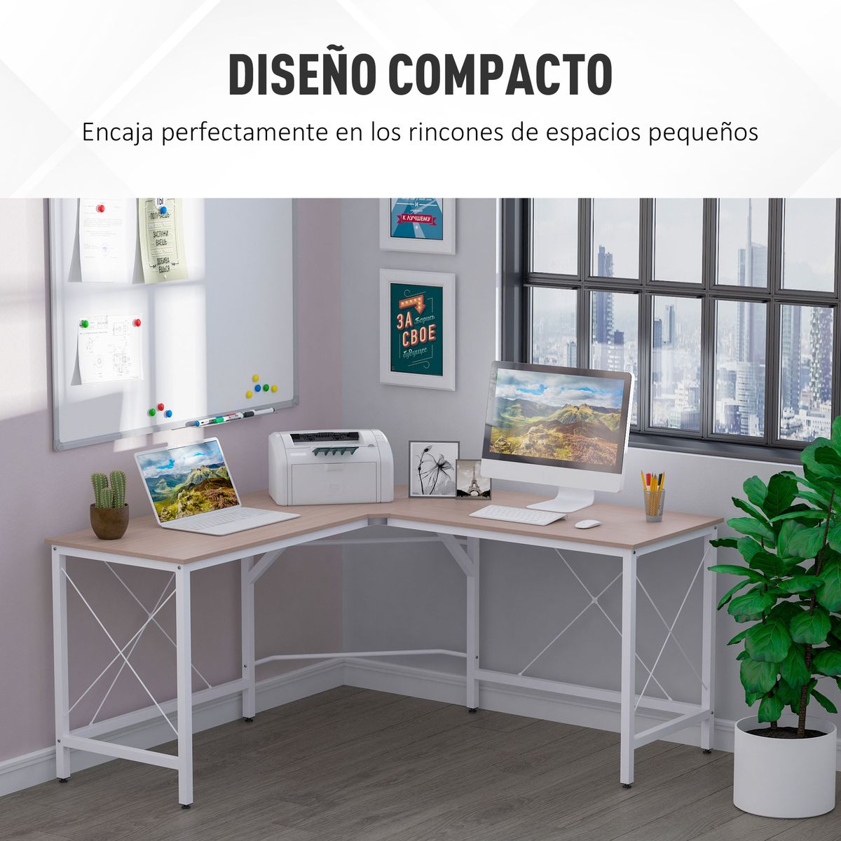 Escritorio Tamu Homcom esquinero blanco/roble 76x150x150 cm