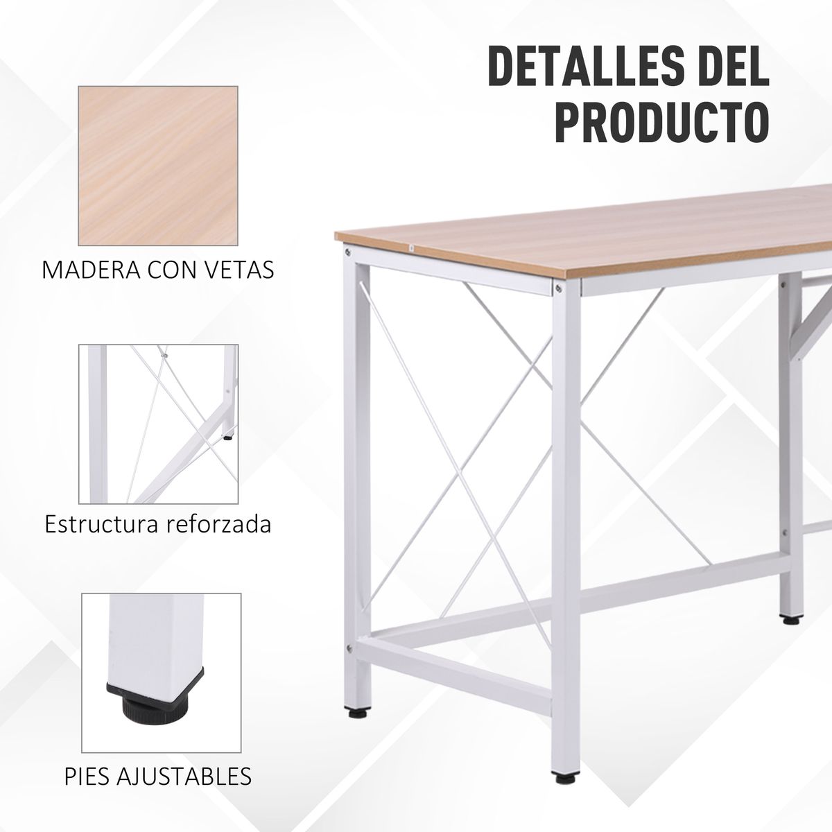 Escritorio Tamu Homcom esquinero blanco/roble 76x150x150 cm