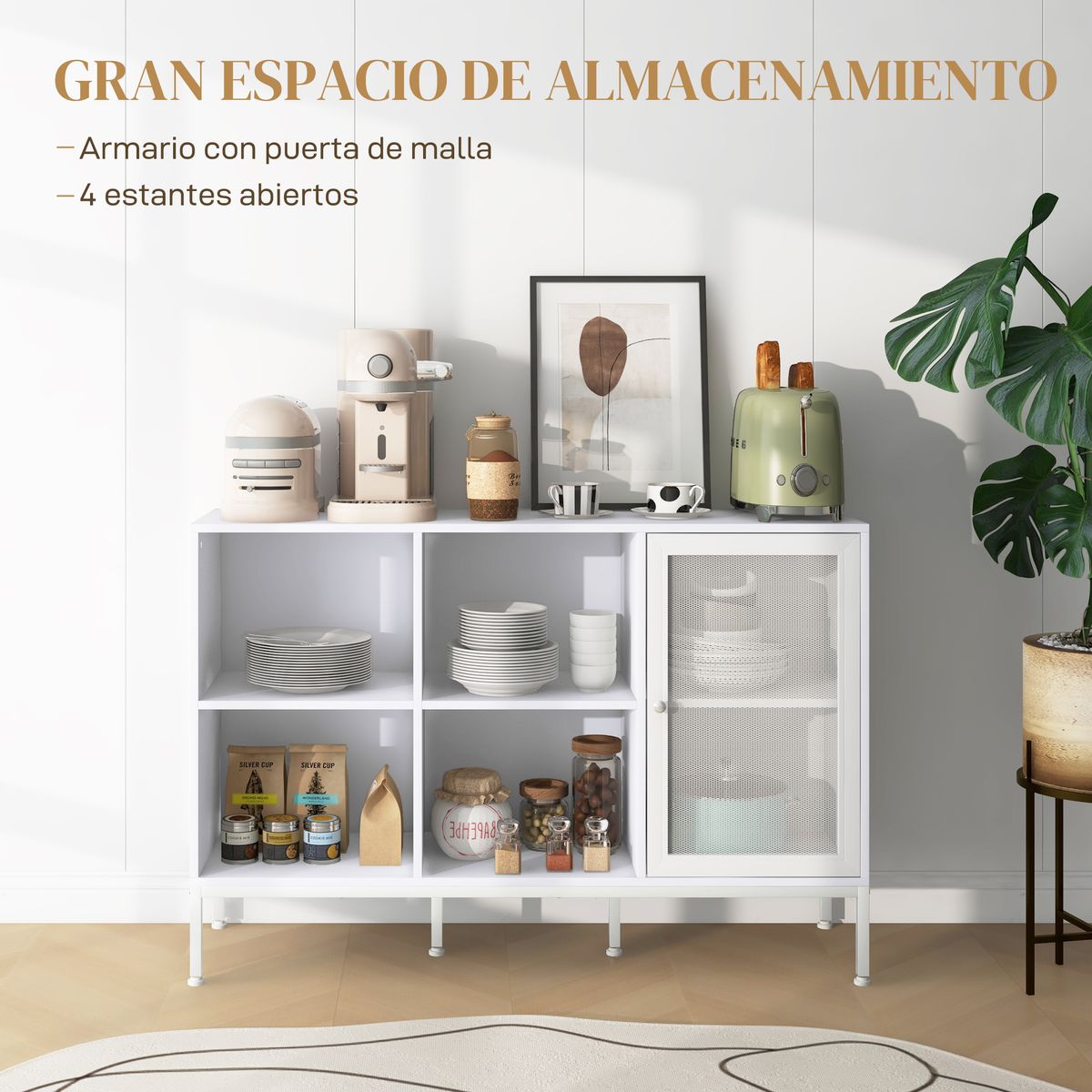 Aparador Desai Homcom 4 compartimentos + 1 puerta blanco 81,5x120x37 cm