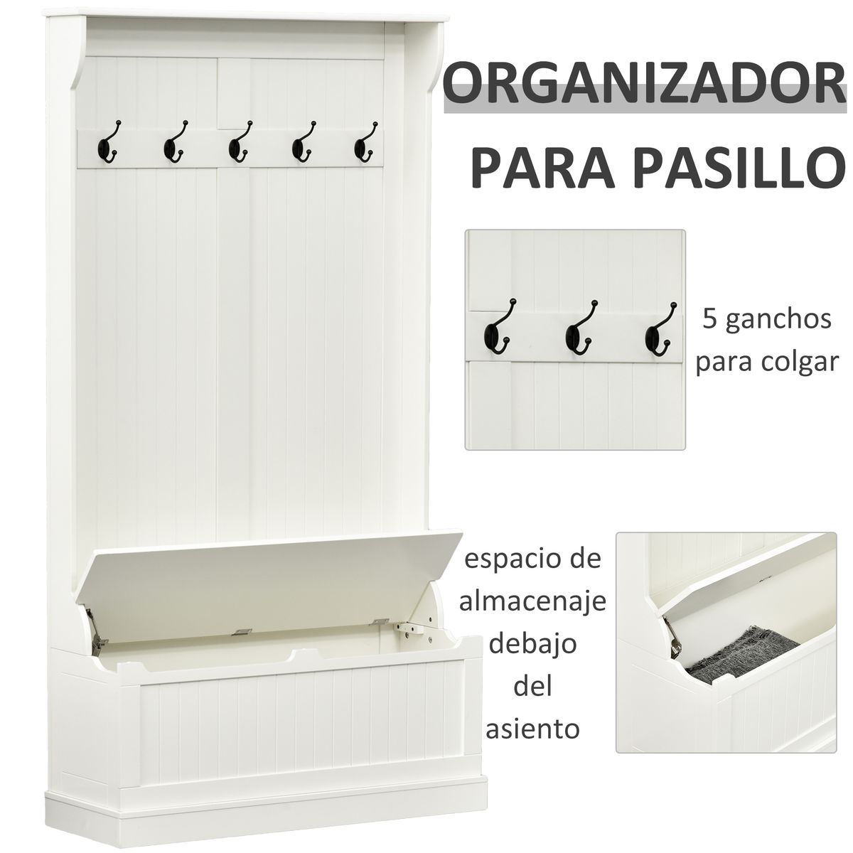 Perchero recibidor Tooly Homcom 5 ganchos + banco blanco 179,7x96x34 cm