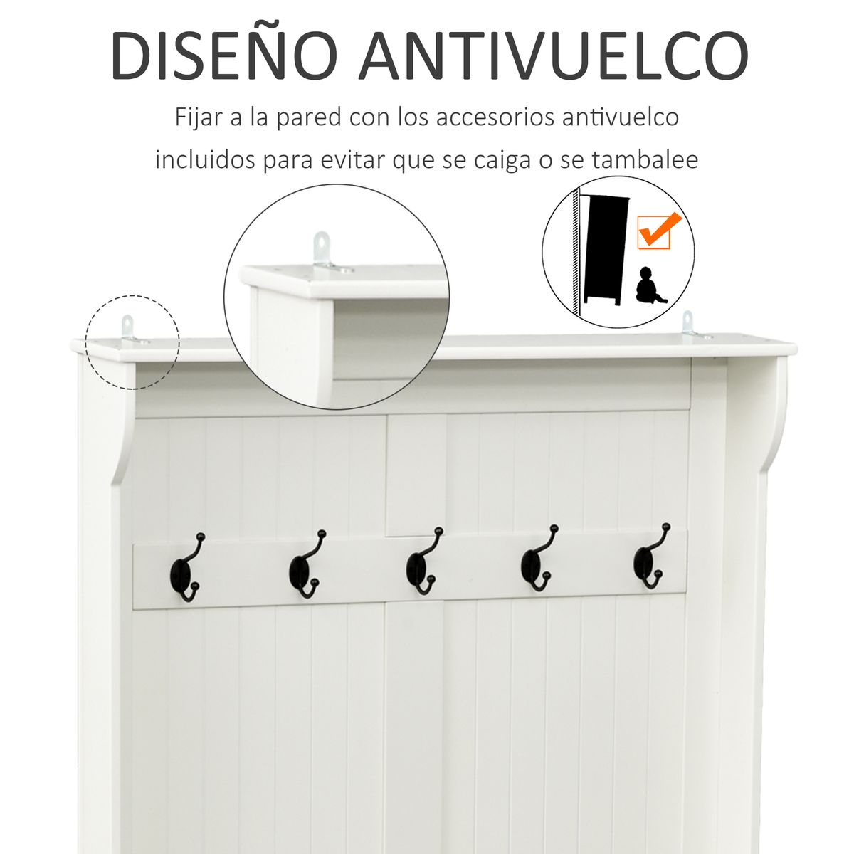 Perchero recibidor Tooly Homcom 5 ganchos + banco blanco 179,7x96x34 cm