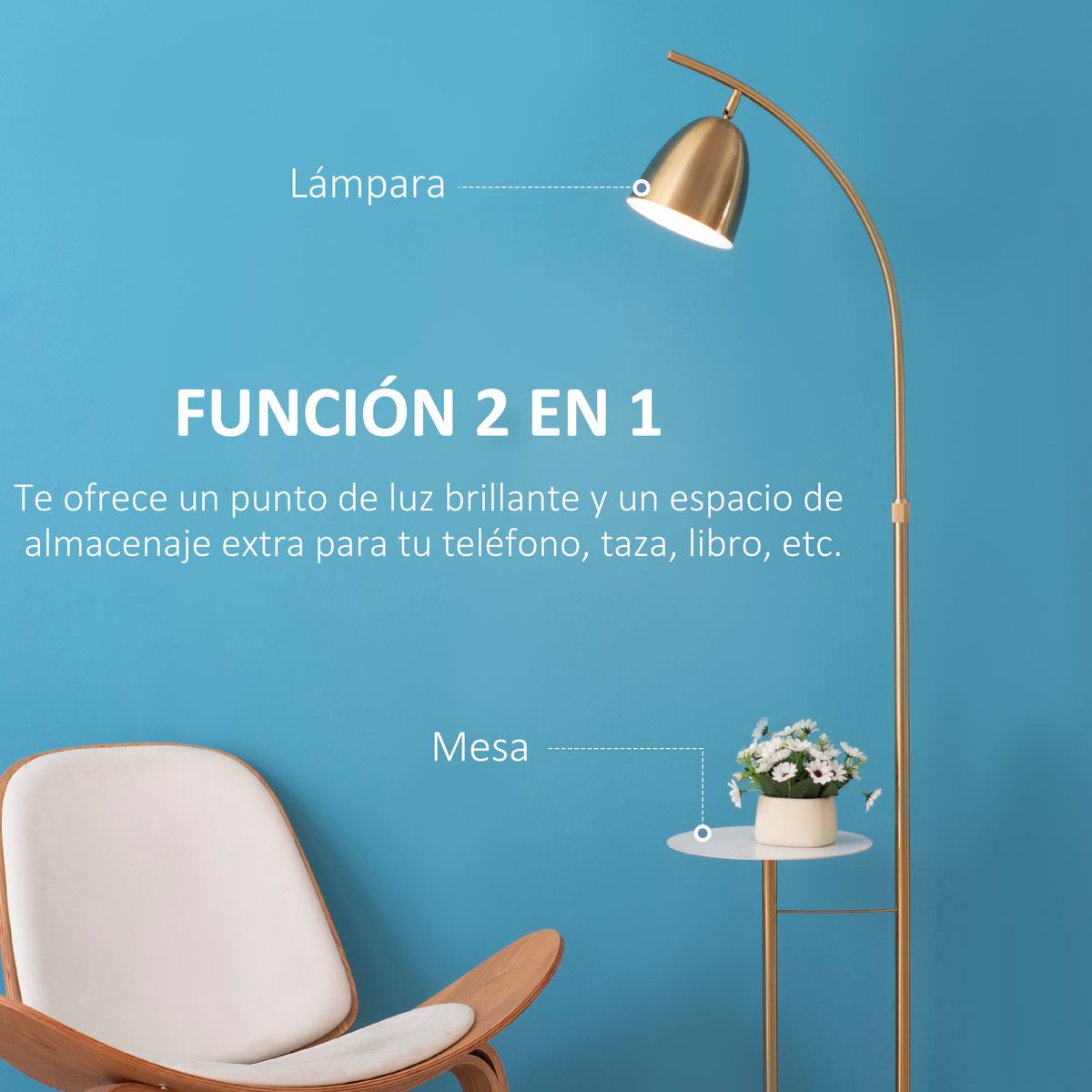Lámpara de pie Coba Homcom 40W con mesa auxiliar blanco/dorado 177x30x44 cm