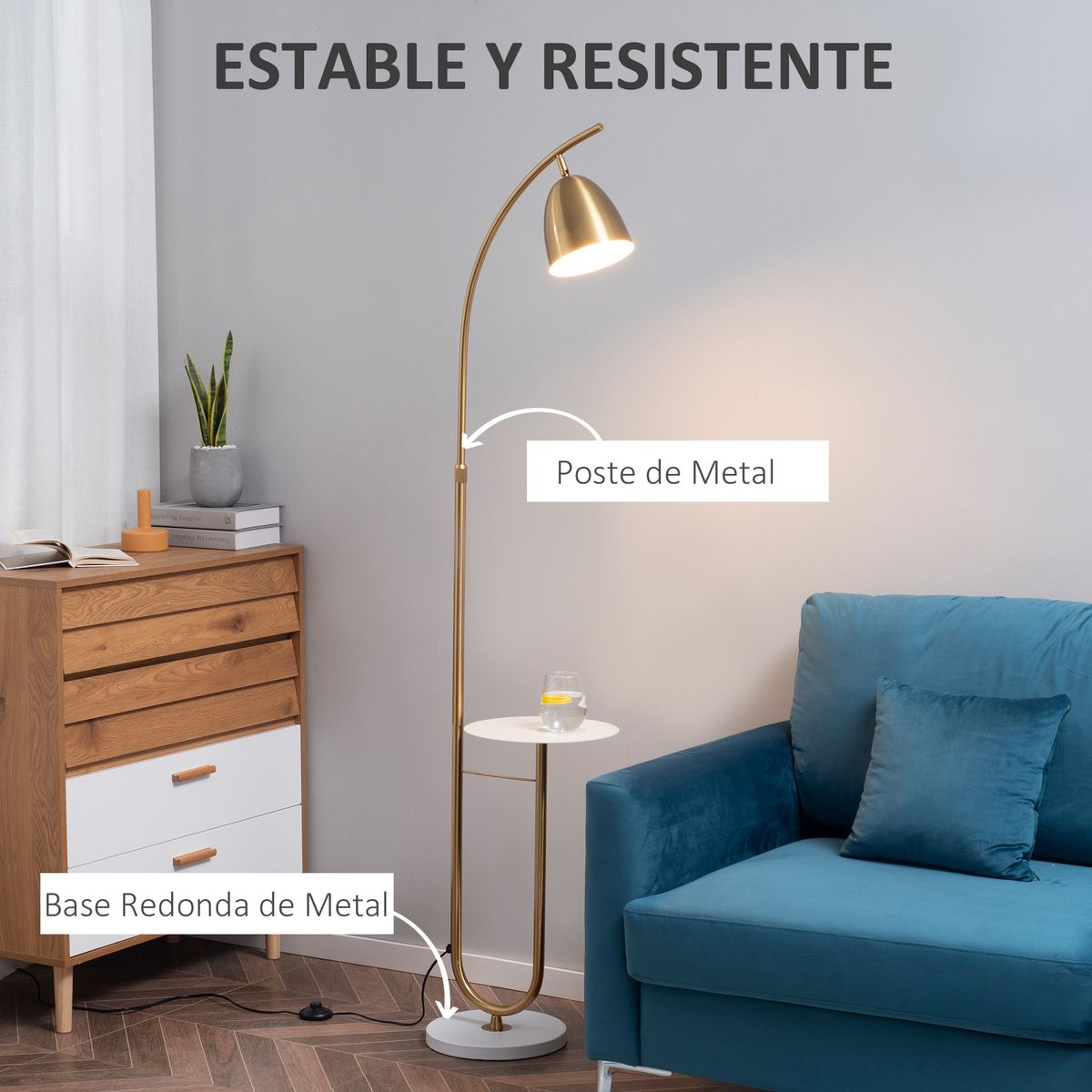 Lámpara de pie Coba Homcom 40W con mesa auxiliar blanco/dorado 177x30x44 cm