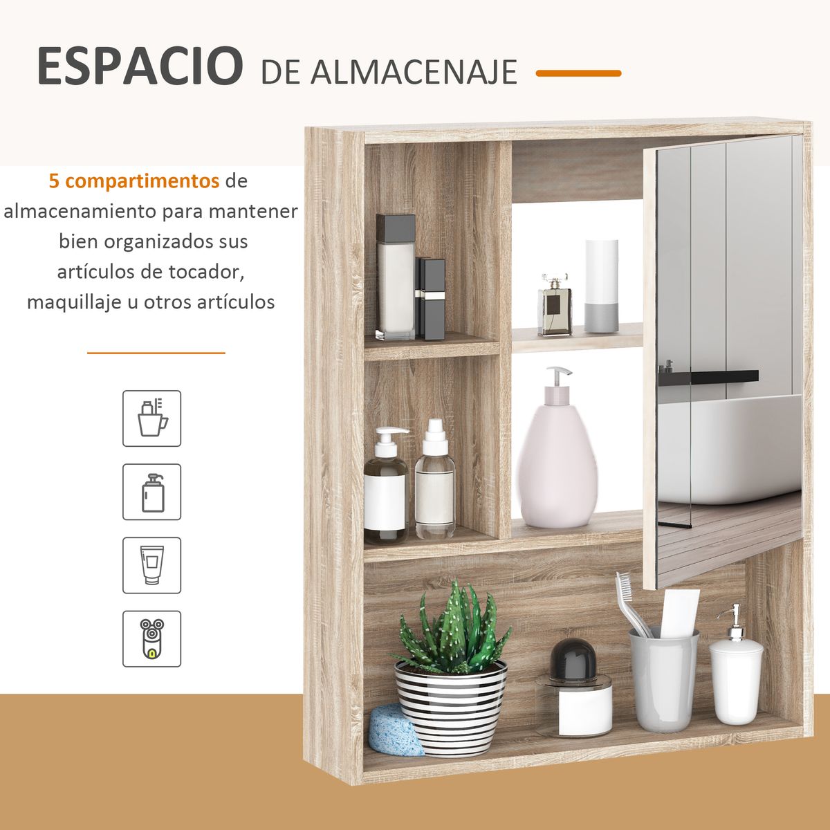 Armario con espejo Mares Kleankin 3 estantes abiertos roble 76x60x15 cm