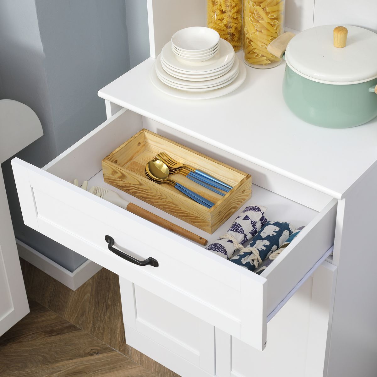 Alacena Tina Homcom 4 puertas + 2 compartimentos blanco 161x60x38 cm