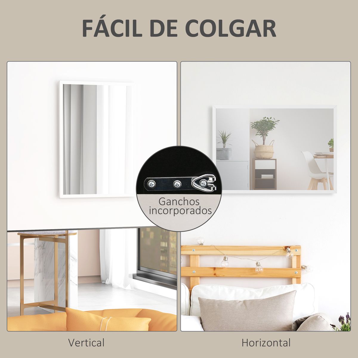 Espejo de pared Selva Homcom con marco Slim blanco 70x50 cm