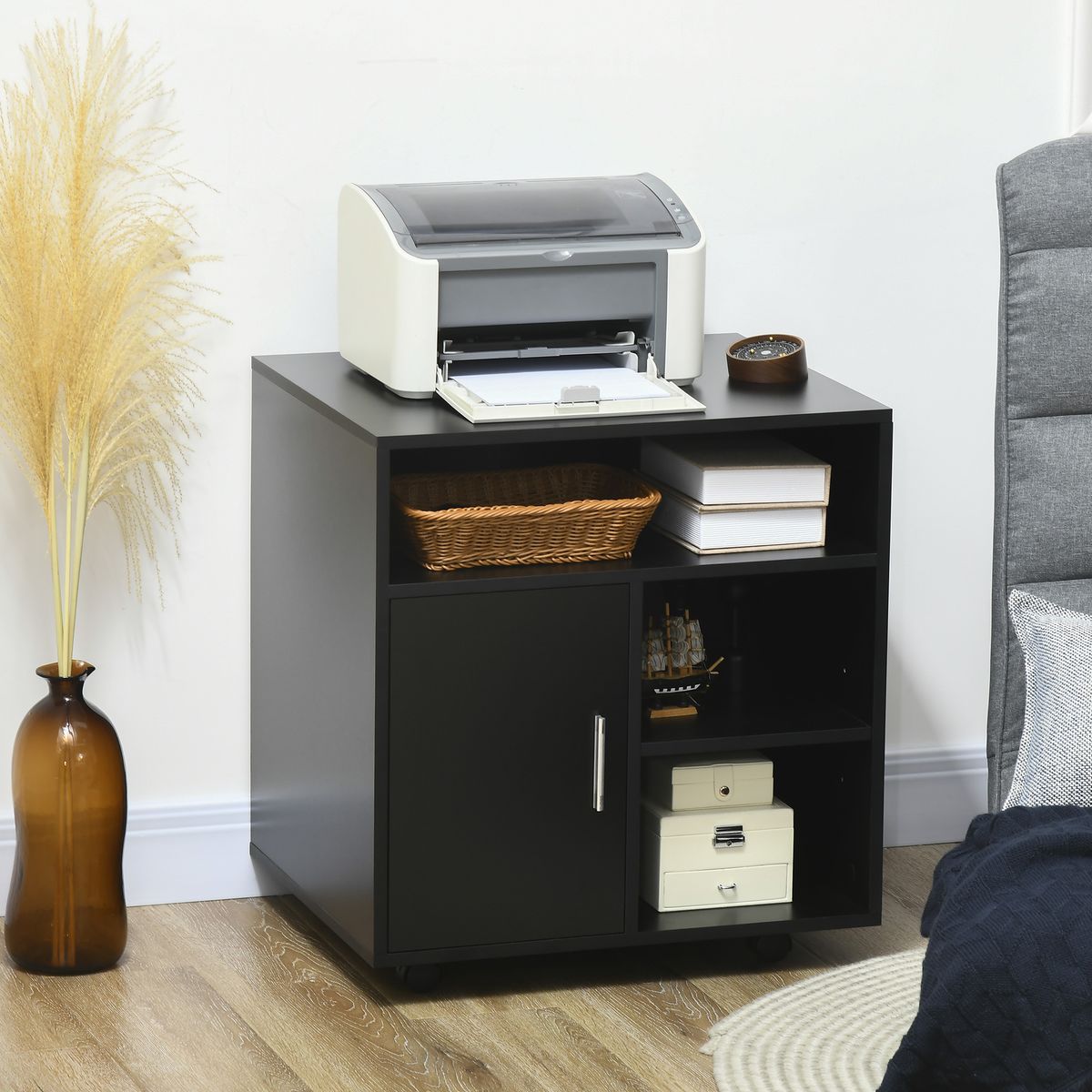Mueble auxiliar Hanna Homcom 3 estantes + armario negro 35,5x60x50 cm