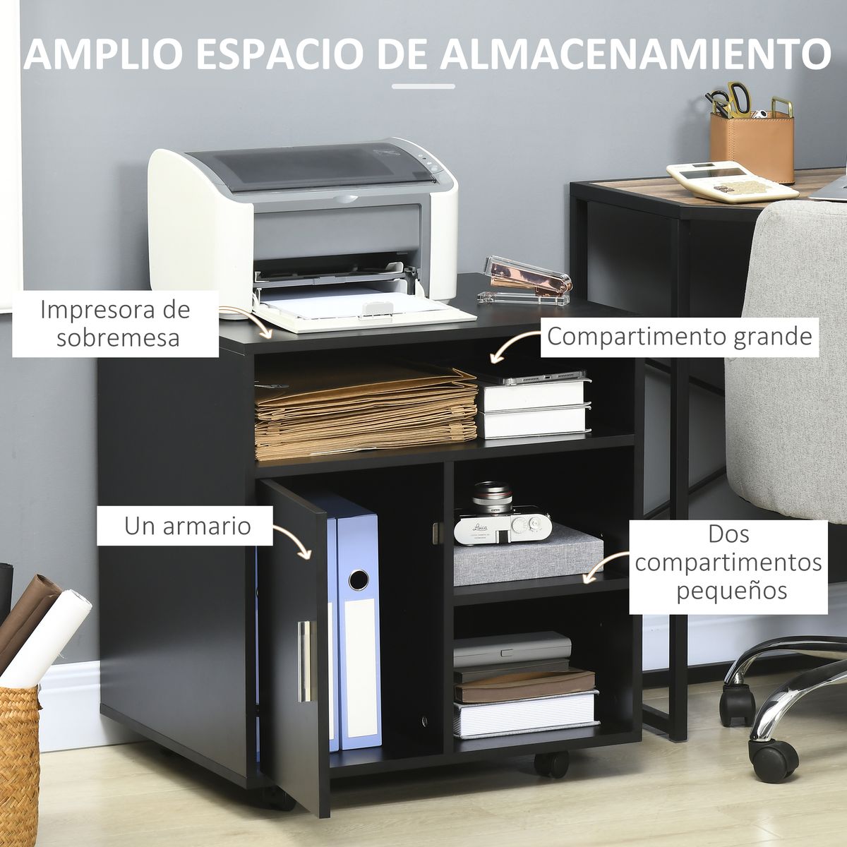 Mueble auxiliar Hanna Homcom 3 estantes + armario negro 35,5x60x50 cm