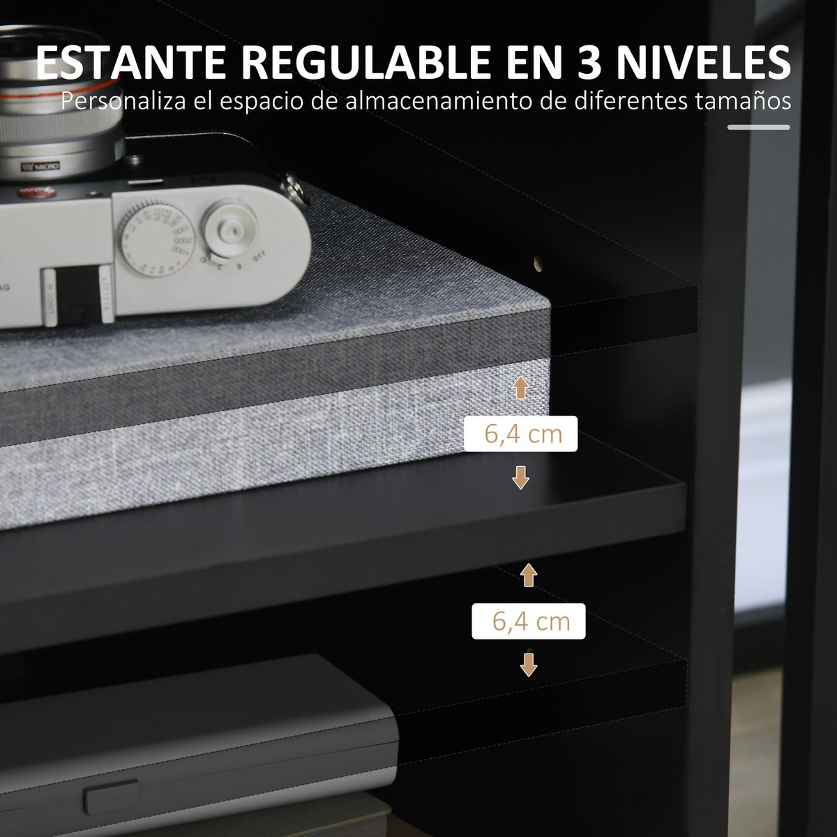 Mueble auxiliar Hanna Homcom 3 estantes + armario negro 35,5x60x50 cm