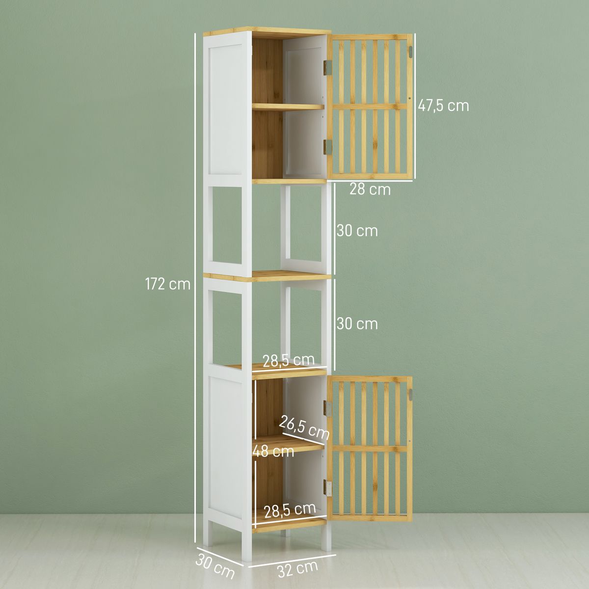 Armario auxiliar Trevel Homcom 2 puertas + 2 compartimentos natural/blanco 172x32x30 cm
