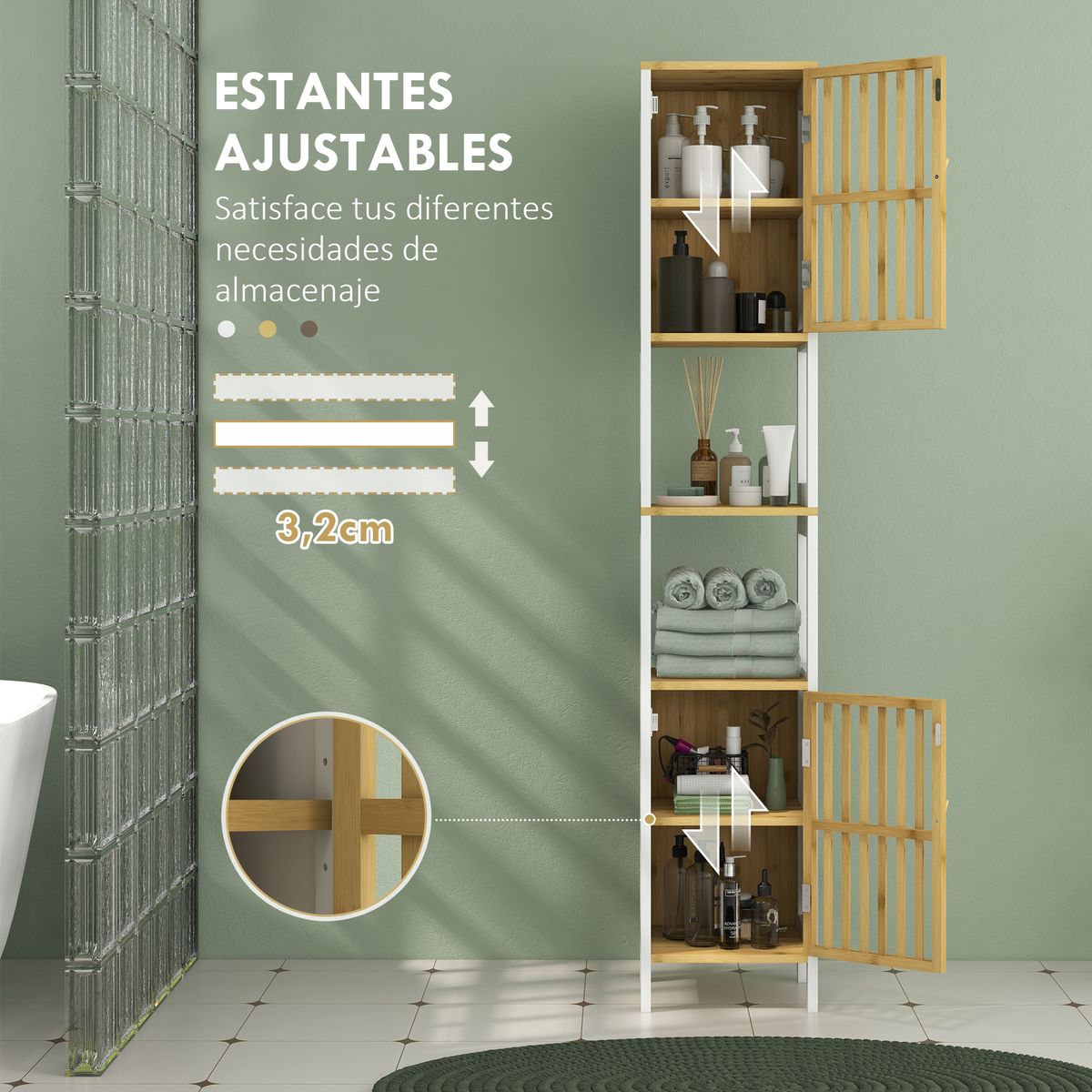 Armario auxiliar Trevel Homcom 2 puertas + 2 compartimentos natural/blanco 172x32x30 cm