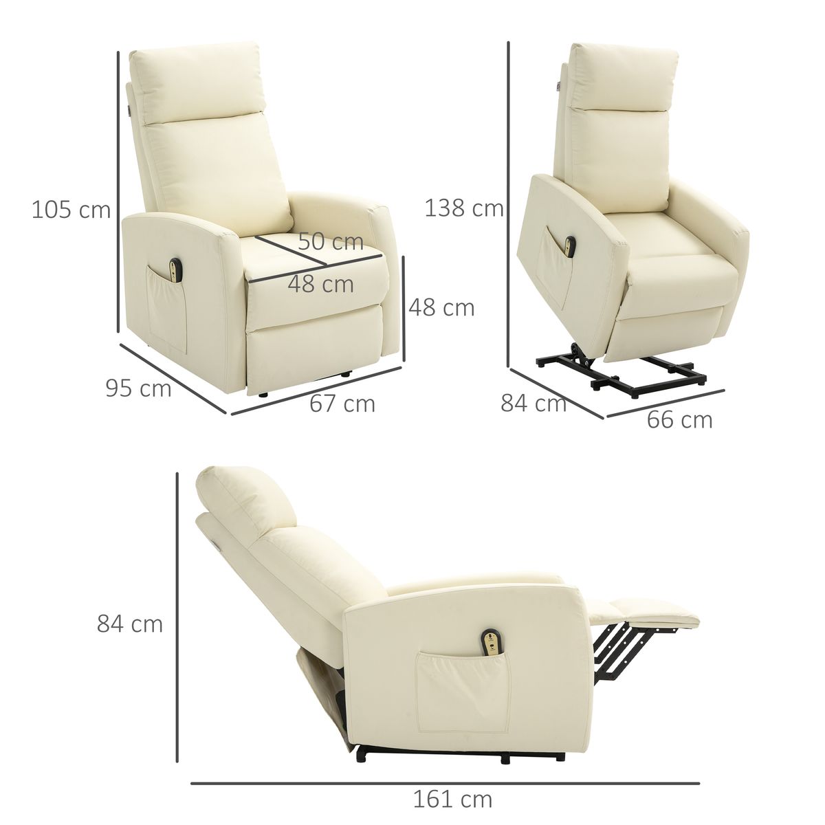 Sillón Glow Homcom elevable respaldo reclinable crema 105x67x95 cm