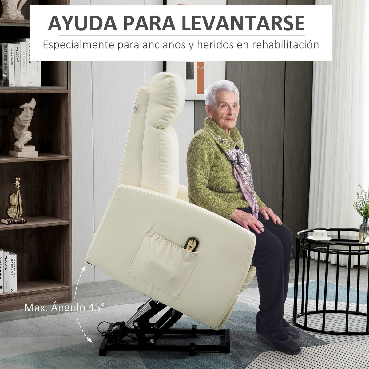 Sillón Glow Homcom elevable respaldo reclinable crema 105x67x95 cm