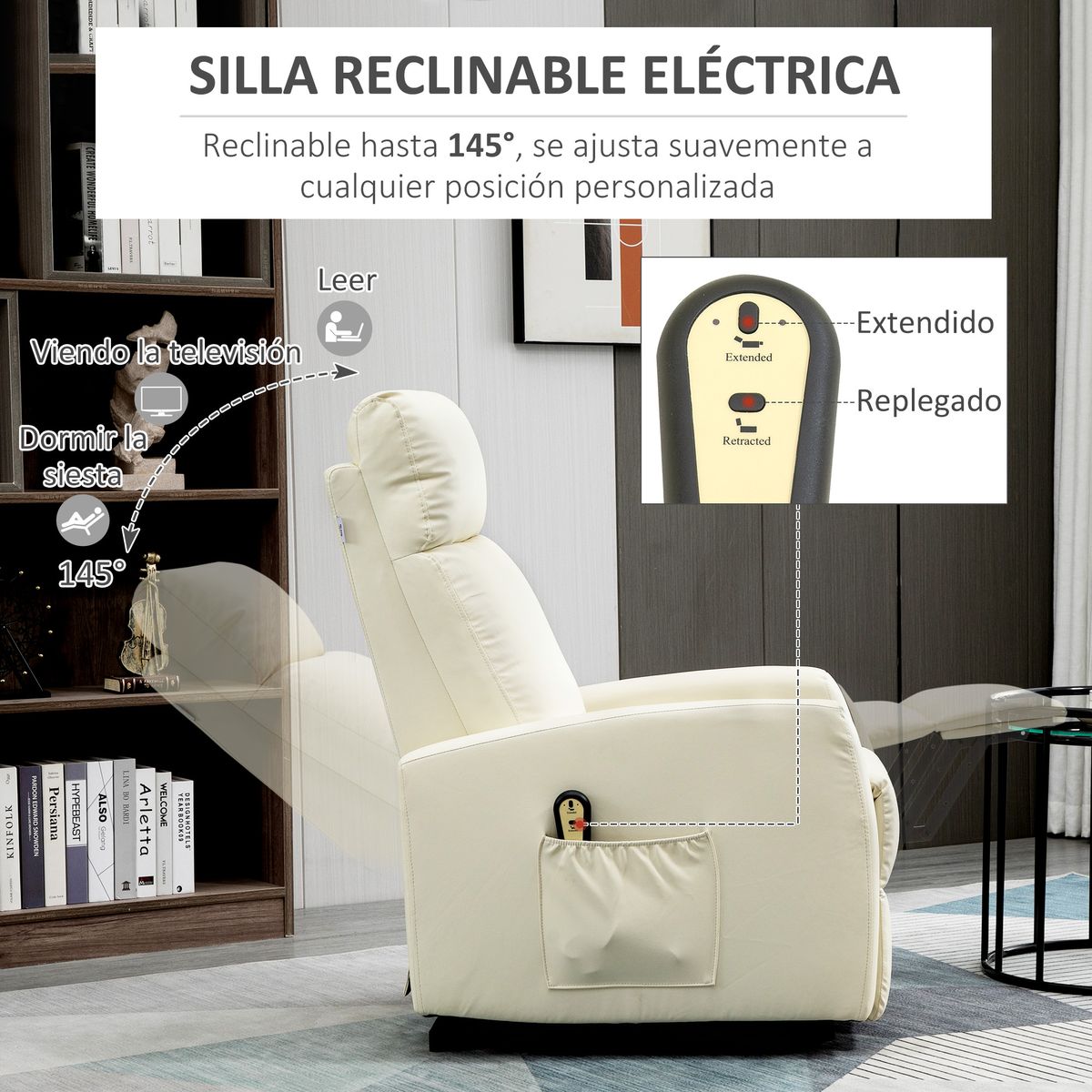 Sillón Glow Homcom elevable respaldo reclinable crema 105x67x95 cm