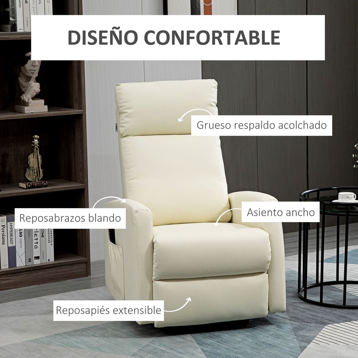 Sillón Glow Homcom elevable respaldo reclinable crema 105x67x95 cm