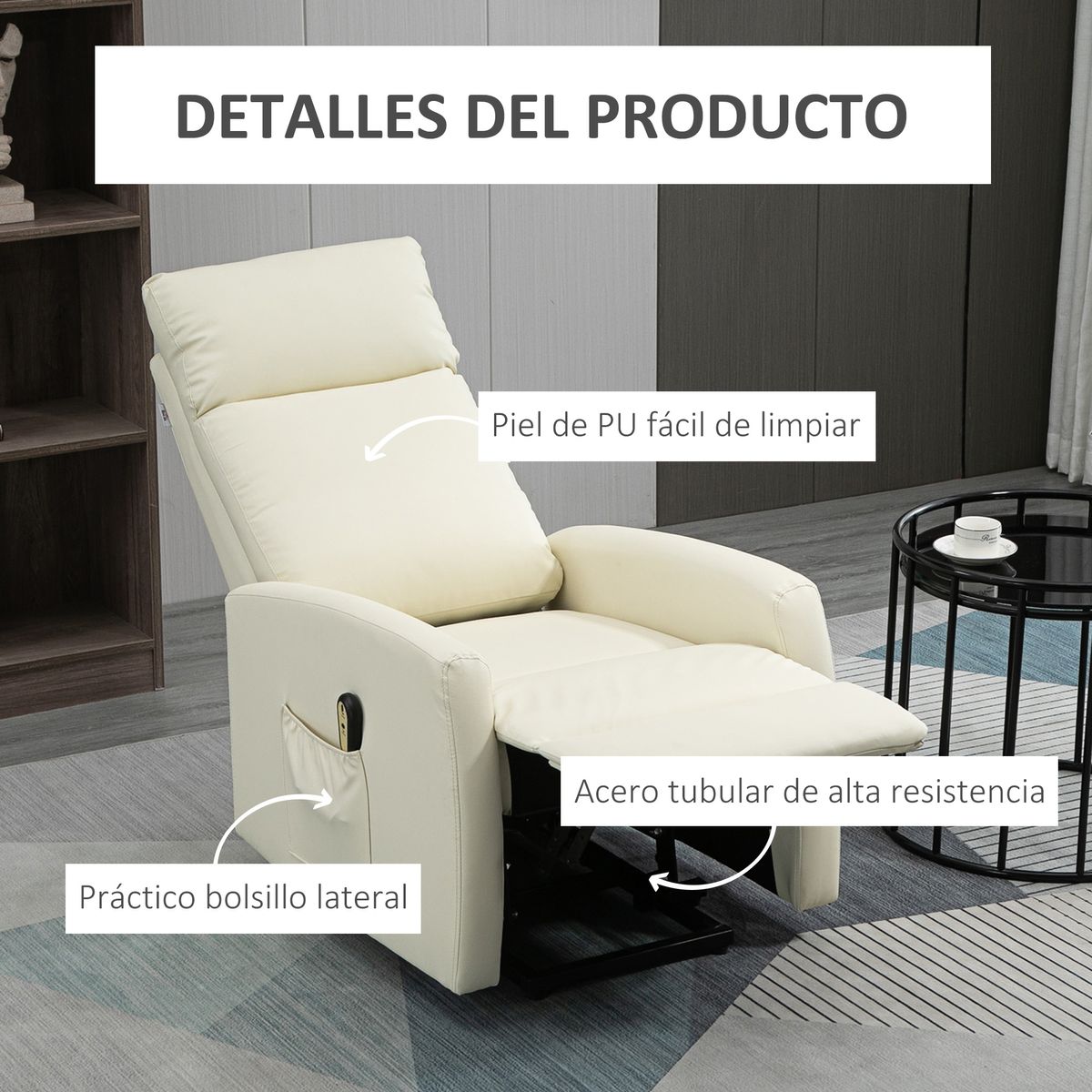 Sillón Glow Homcom elevable respaldo reclinable crema 105x67x95 cm