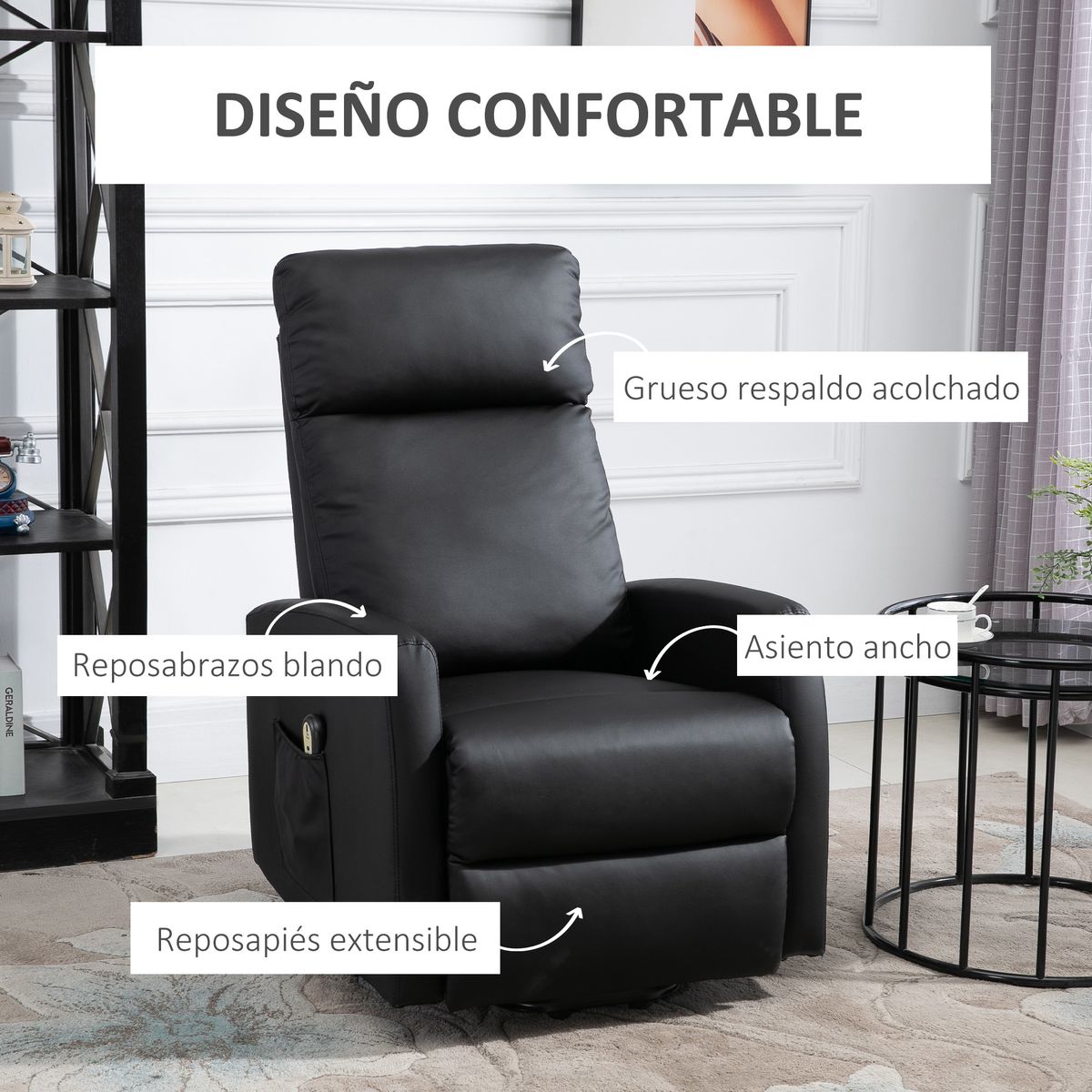 Sillón Glow Homcom elevable respaldo reclinable negro 105x67x95 cm