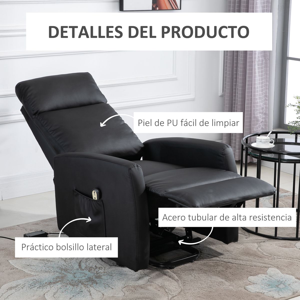 Sillón Glow Homcom elevable respaldo reclinable negro 105x67x95 cm